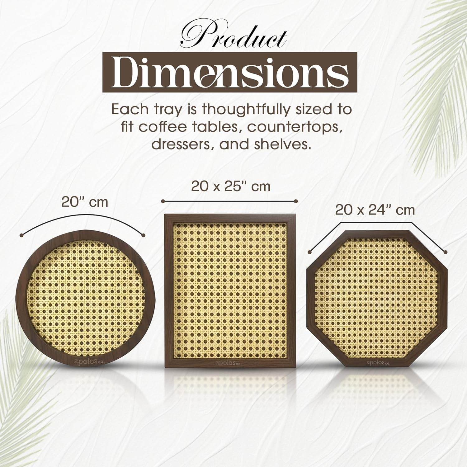 Apolos Co Decorative Tray Set of 3 - Handwoven Rattan Coffee Table Trays with Dark Wood Frame - Modern Boho Design Wicker Tray for Living Room, Centerpiece Décor - Round, Rectangular, Geometric Shapes