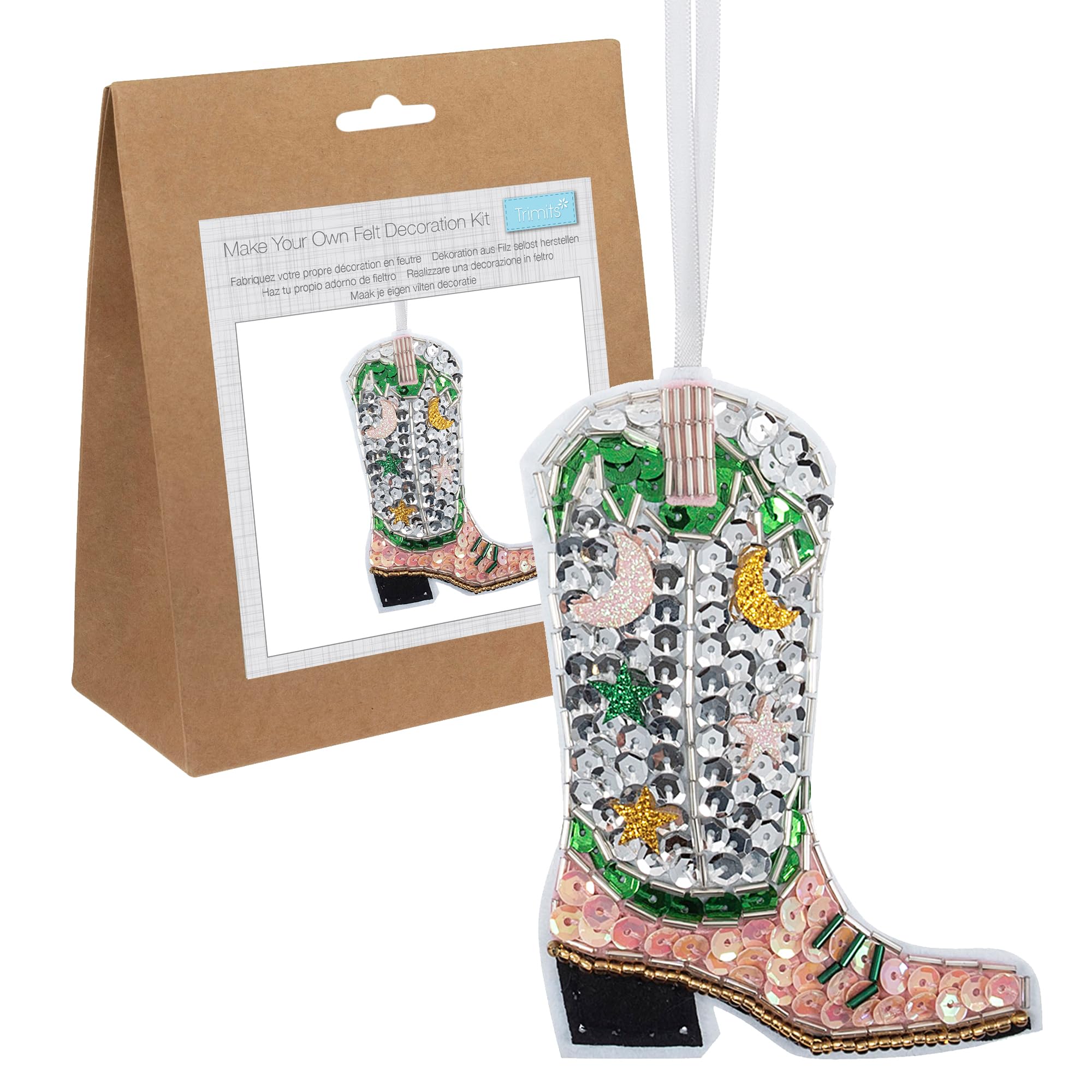Trimits Felt Decoration Kit - Sequin Cowboy Boot (9.5 x 12.5cm) with Pre-Cut Felt Shapes, Stuffing, Thread, Sequins, Beads, Needles, Ribbon and Instructions - Ideal for beginners and younger crafters.
