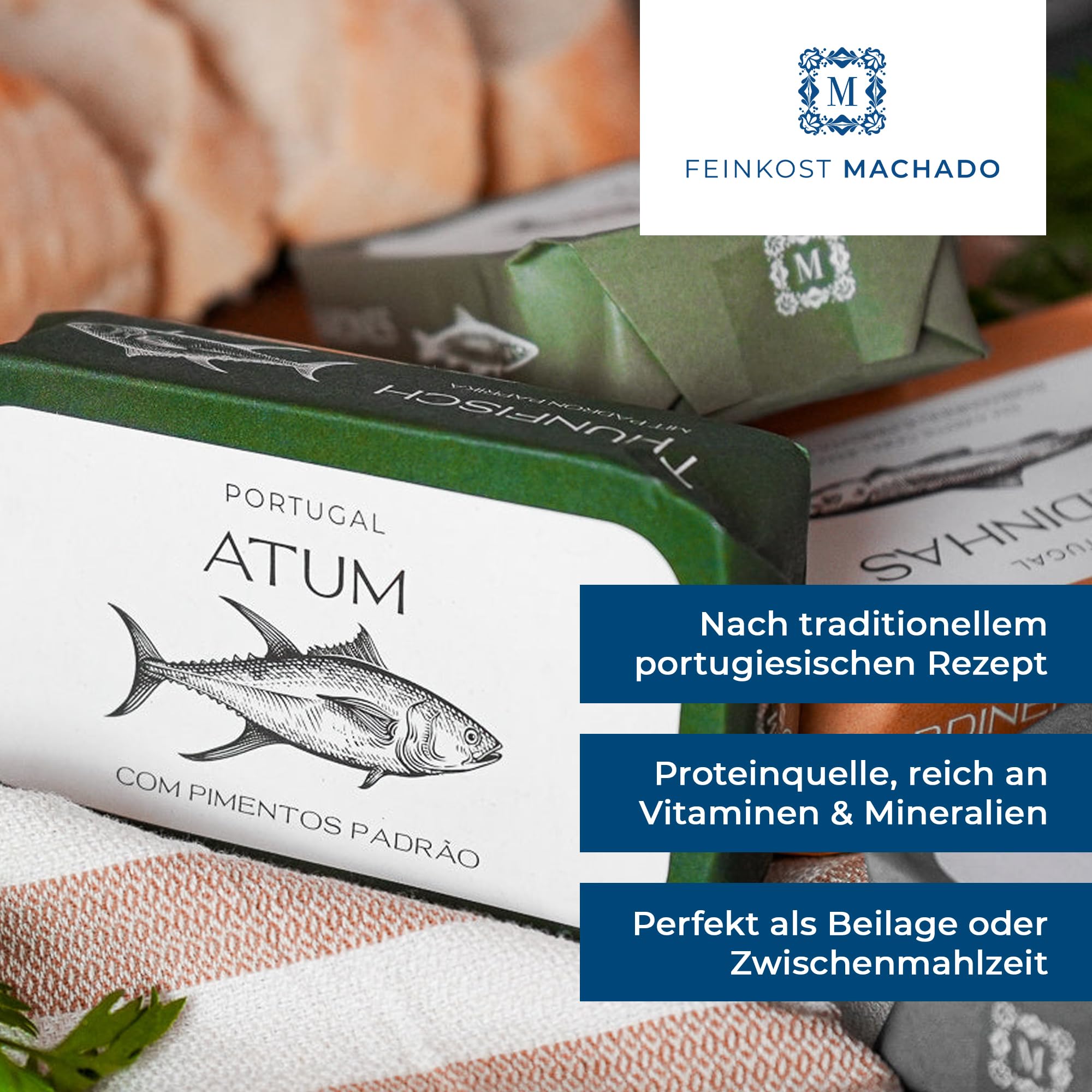 Feinkost Machado – 5er Set Thunfisch (je 120g) | Mit Thunfisch in Olivenöl, Rosmarin, Tomatensauce, Padron Paprika, Zitrone & Piri Piri | Mediterraner Genuss aus Portugal – Für Salate, Pasta & Tapas