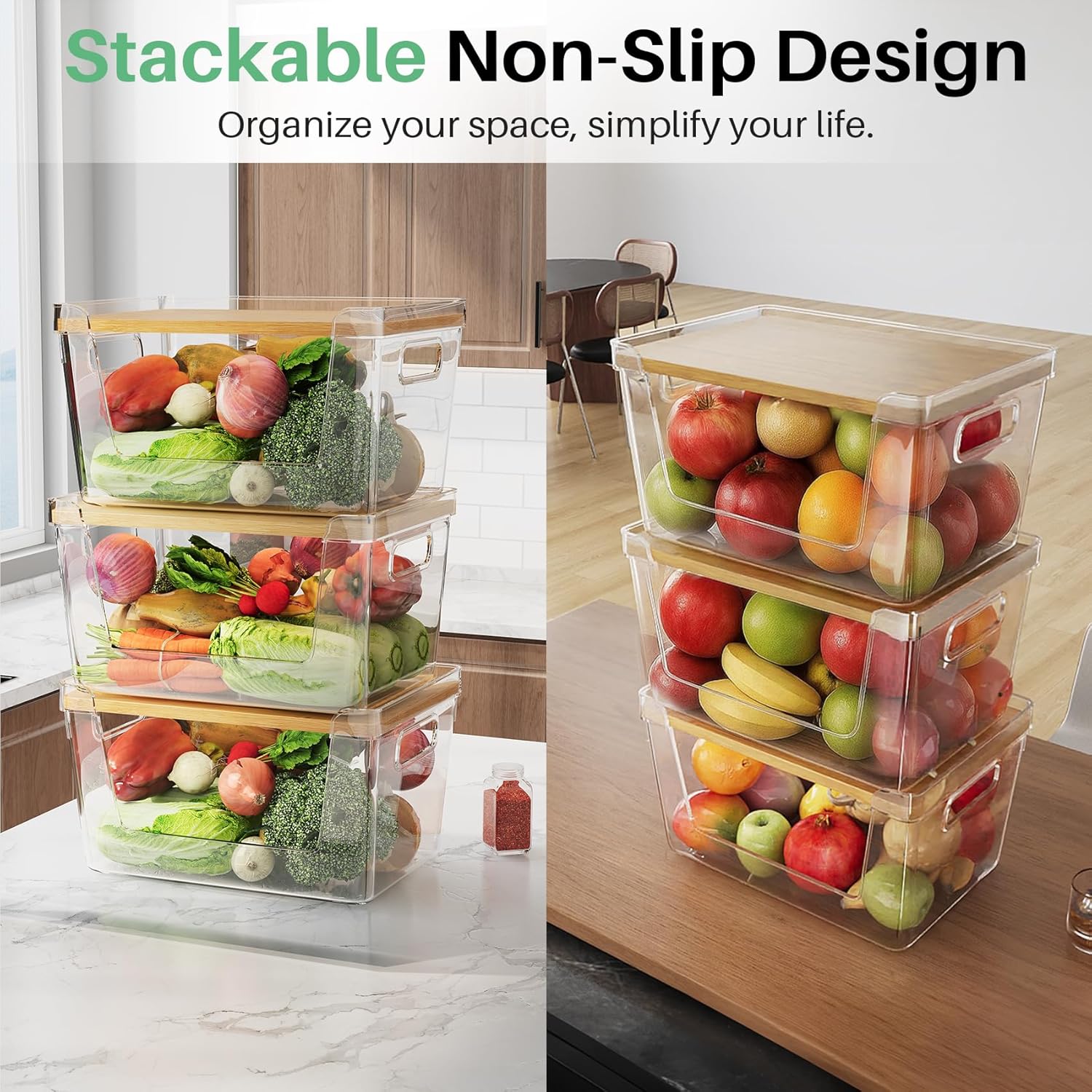 3 Set Pantry Organizer and Stackable Storage Kitchen,Sturdy and Durable Storage Basket for Potato, Onion, Garlic, Fruit, Vegetable, Produce, Clear Plastic Storage with Lid&Handle