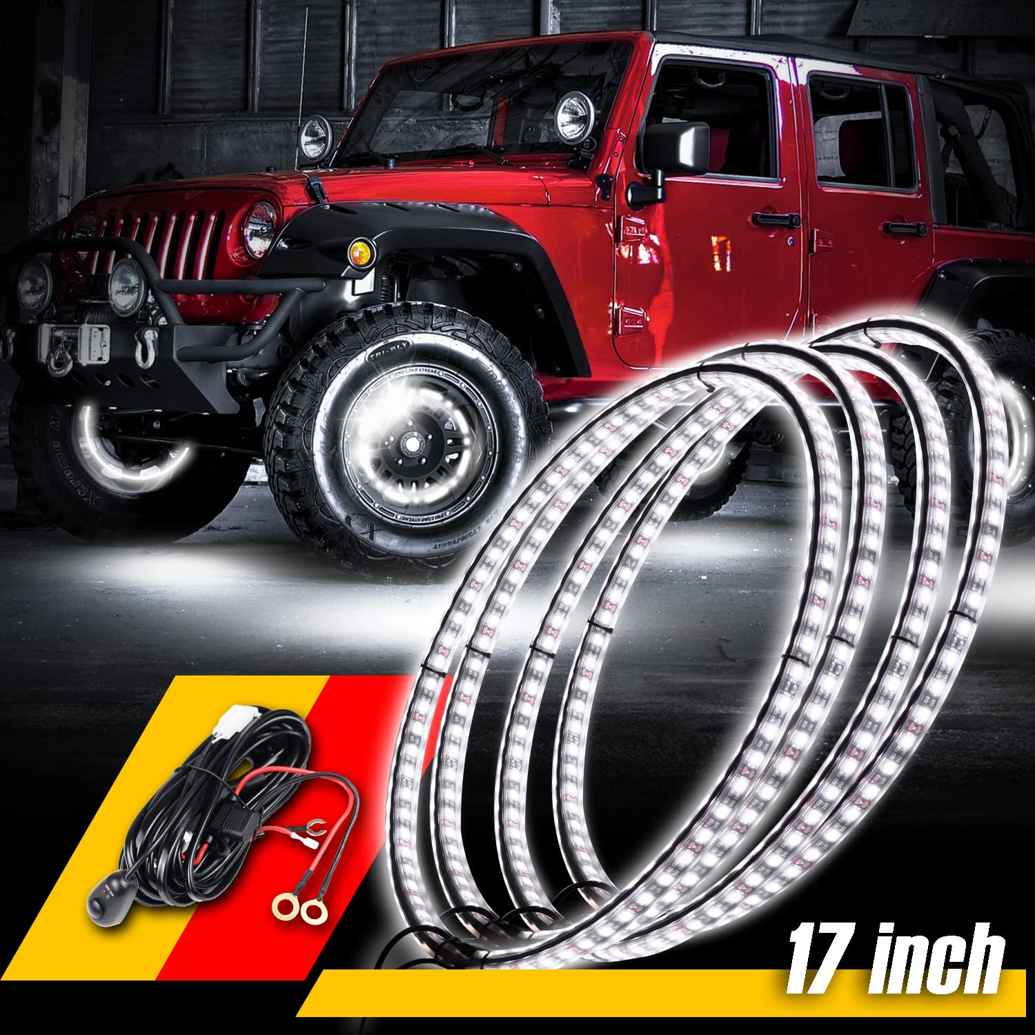 Photo 1 of Viswiker 4PCS 17 Inch Bright White Double Side Wheel Light, Pure White and Rocker Switch Ctrl Wheel Light for Car, Truck, Jeep, Pickup, Vehical Offroad (Double Row)