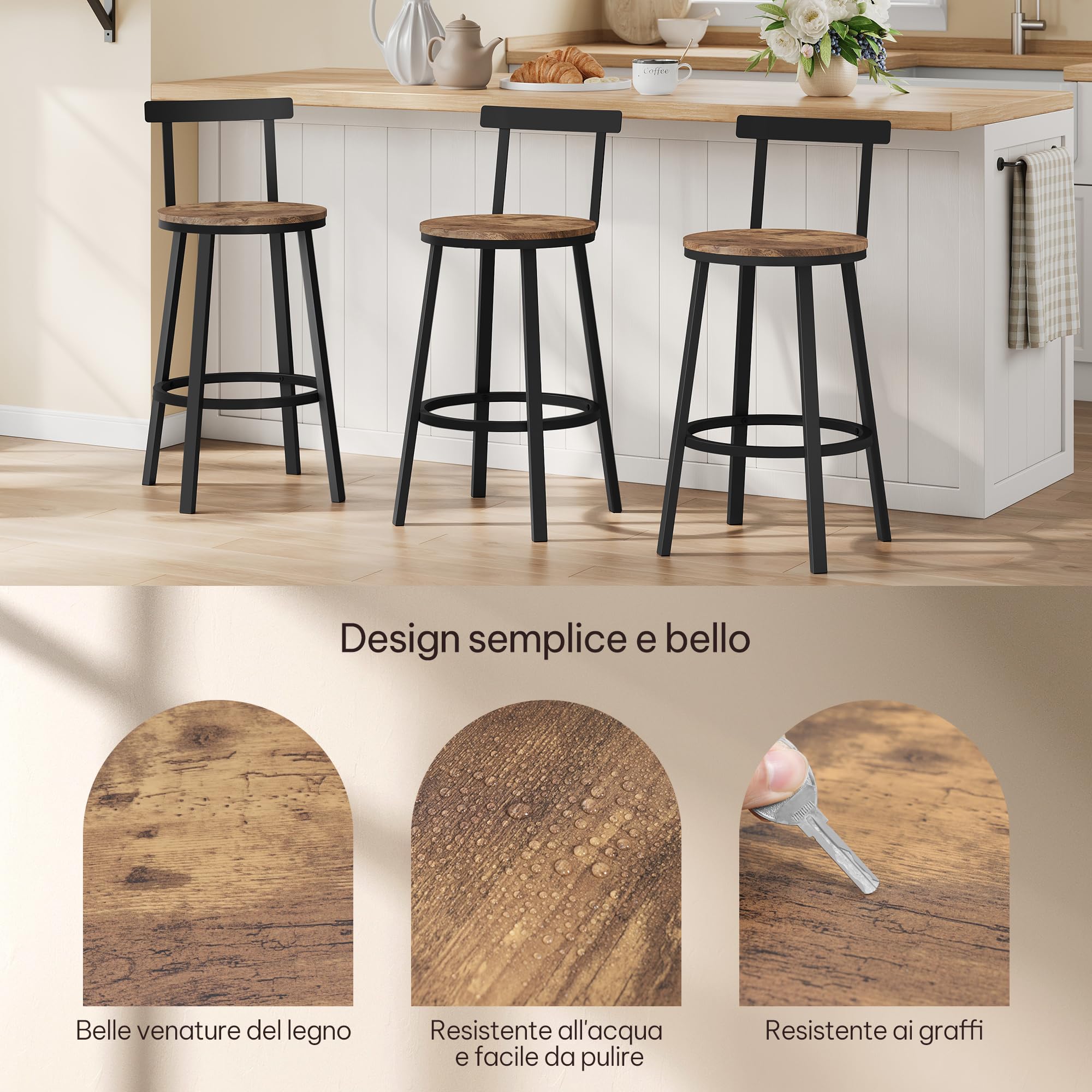 WOLTU Sgabelli Cucina Set di 2, Sgabelli da Bar per Colazione, con Poggiapiedi e Schienale, Struttura in Metallo, Marrone Rustico