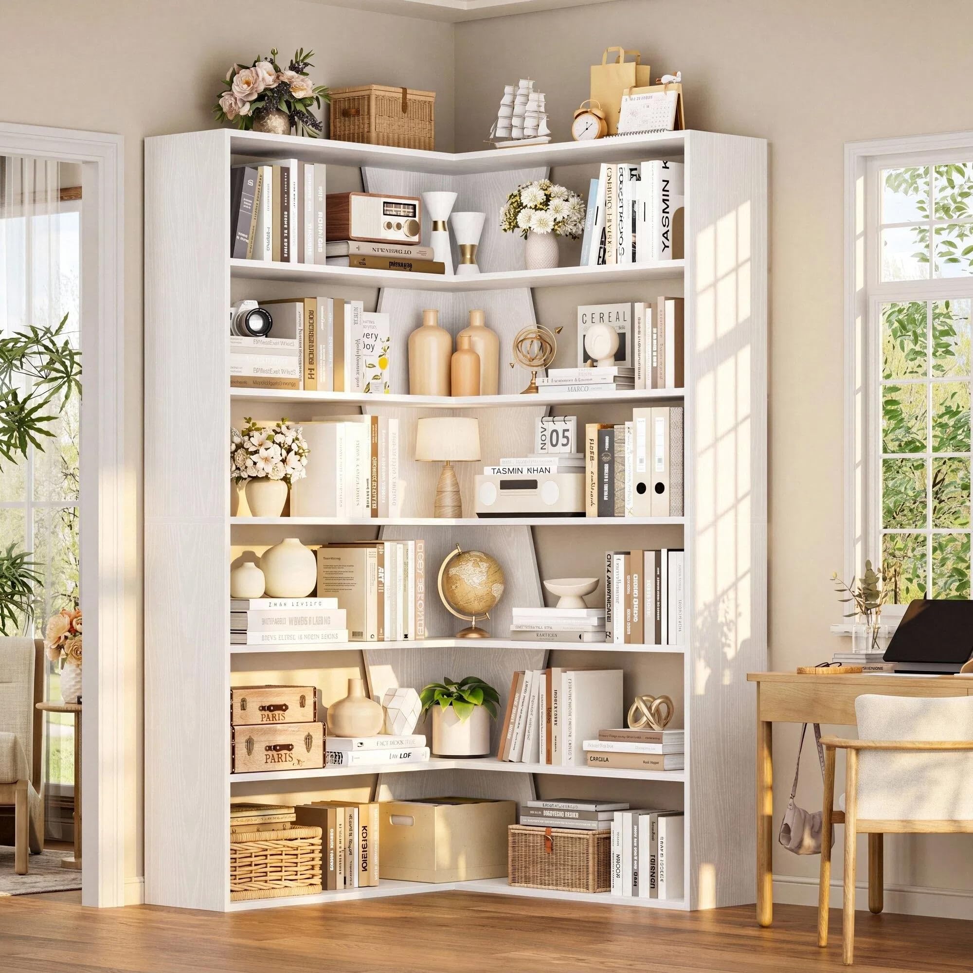 FirFurd Bibliothèque 190cm Bibliotheque d'angle avec 6 Étagères de Rangement Bibliotheque Meuble de Rangement pour Salon Bureau Chambre 90x90x190.5cm Blanc