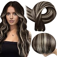 Vista 24 de Full Shine Extensiones de cabello humano de 22 pulgadas para coser, castaño a rubio miel, mezcla de rubio platino, 3.70 oz