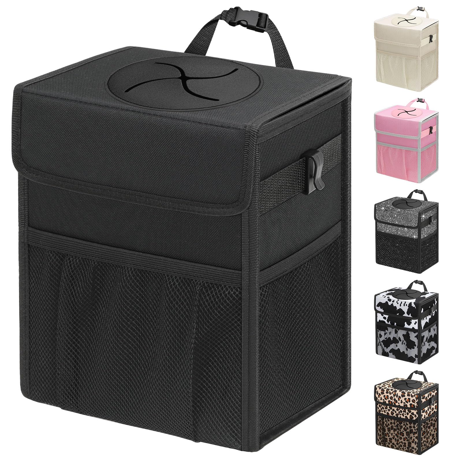 Capolo Car Trash Can with Lid Leakproof Car Trash Bag Hanging Waterproof Automotive Garbage Can with Storage Pockets