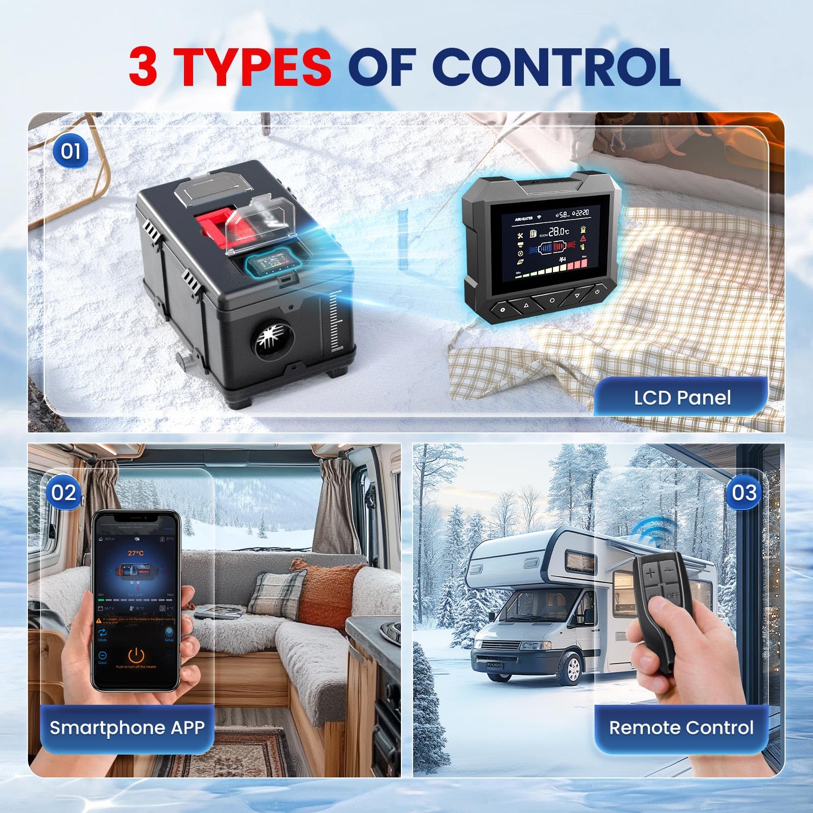 HCALORY 8kW Diesel Standheizung, 230V AC & 12/24V DC, 0,15–0,46 l/h Tragbare Dieselheizung mit Bluetooth APP & Adapter, Höhenmodus 5500m max,5 l Kraftstofftank, Heizung für Auto, LKW, Boot, Wohnmobil