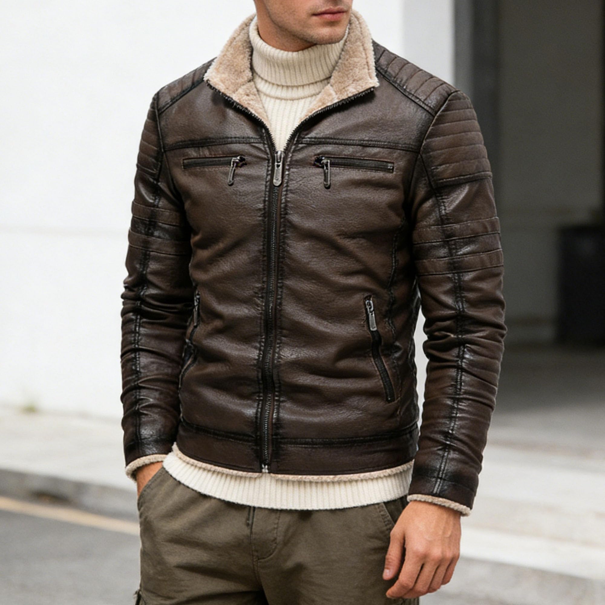 Chaqueta de motociclista de piel sintética para hombre, con forro polar y cuello alto, elegante y cálida para el invierno.