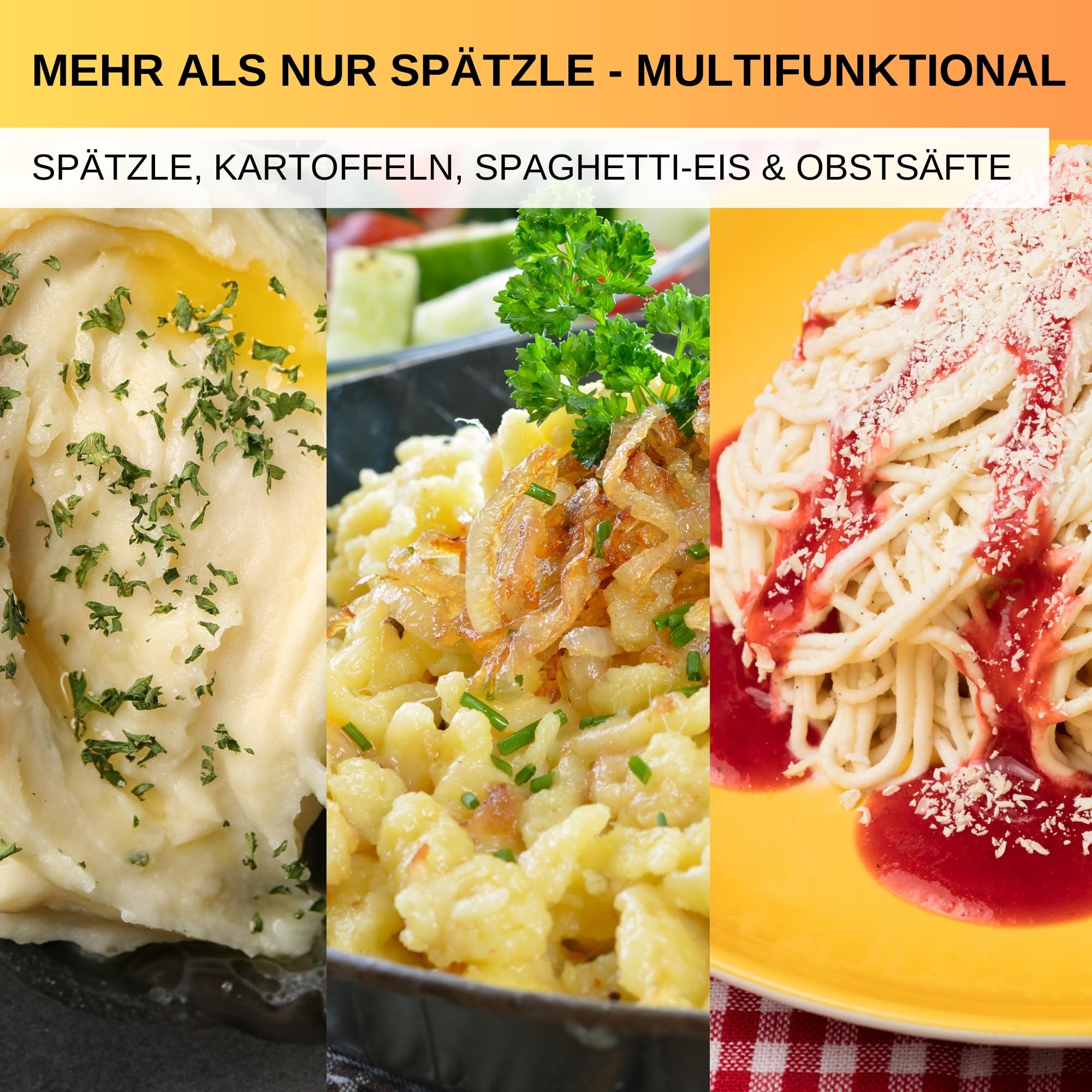 Thiru Spätzlepresse Lochdurchmesser ca. 3mm - Testsieger 2024-60 Tage risikofrei testen - Rundloch mit Schaumlöffel & Auflagerasten - Ideal für Spätzle, Kartoffelpüree, Säfte - Made in Germany