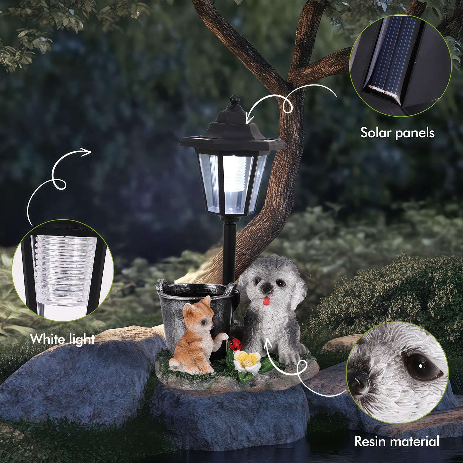 Estatuas de jardín para perros, decoración solar para exteriores, estatuas de jardín para perros, adornos con luces solares, estatua de decoración al aire libre, resistente al agua, linda