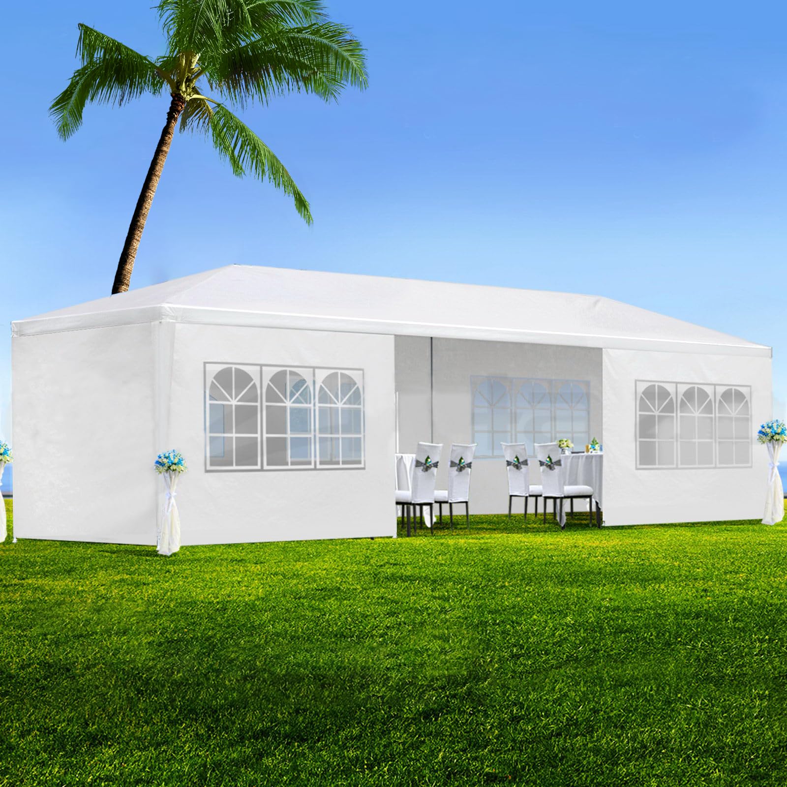 KELRIA 10'x30' Outdoor Canopy Tent, White Party Tent Wedding Birthday Tents with 8 Removable Sidewalls, Gazebo w/Transparent Windows Outside Gazebo Event Tent for Parties Garden Patio and Backyard