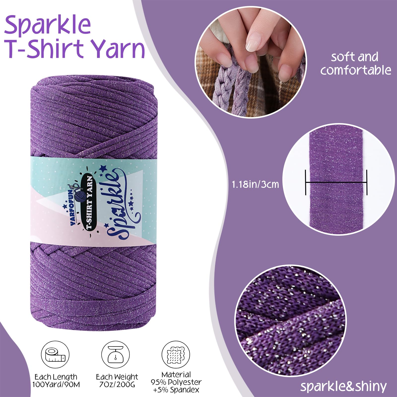 Sparkle Tshirt Yarn for Crochet,Dark Purple T Shirt Soft Elastic Fabric Thick T-Shirt Crochet Shining Glitter Sparkle Yarn for Crocheting Knitting Beginner Hand Knitting Bag/DIY Craft/Home Decor - 3