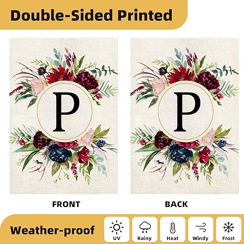 Miniatura 4 de Banderas de jardín con monograma de letra P, bandera de jardín de verano de 12 x 18 pulgadas, banderas florales de doble cara para patio, bandera