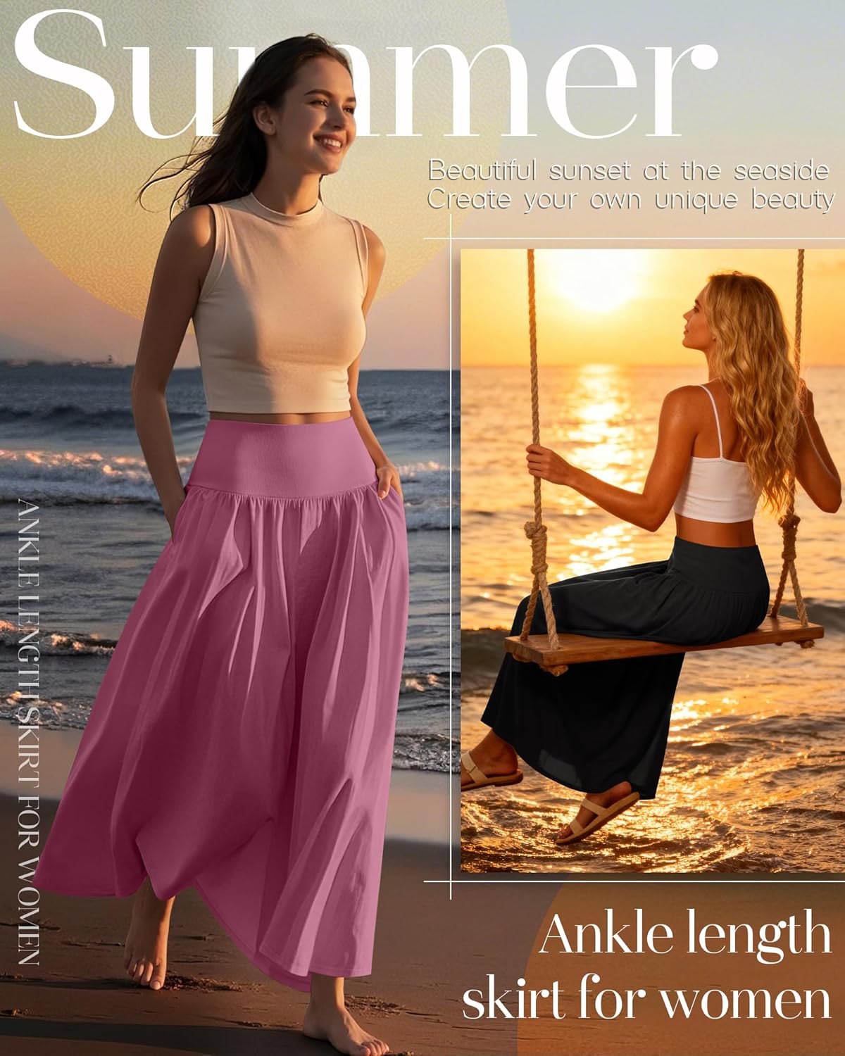 Ficerd 3 Pack Maxi Long Skirts for Women, Ankle Length High Waisted Pleated Flowy a Line Summer Casual Skirts with Pockets - Image 4