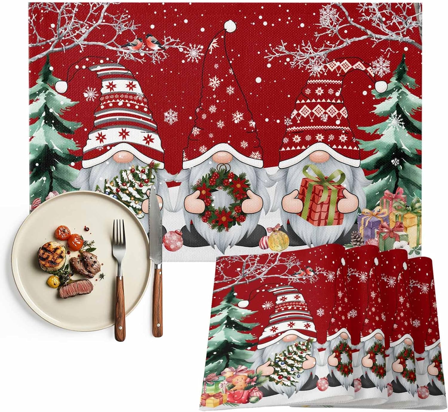 Winter Christmas Red 1 Placemats Set of 6, Washable Cotton Linen Table Mats for Kitchen Dining Table, Heat Insulation Place Mats for Indoor Outdoor Parties, Holiday Decorations
