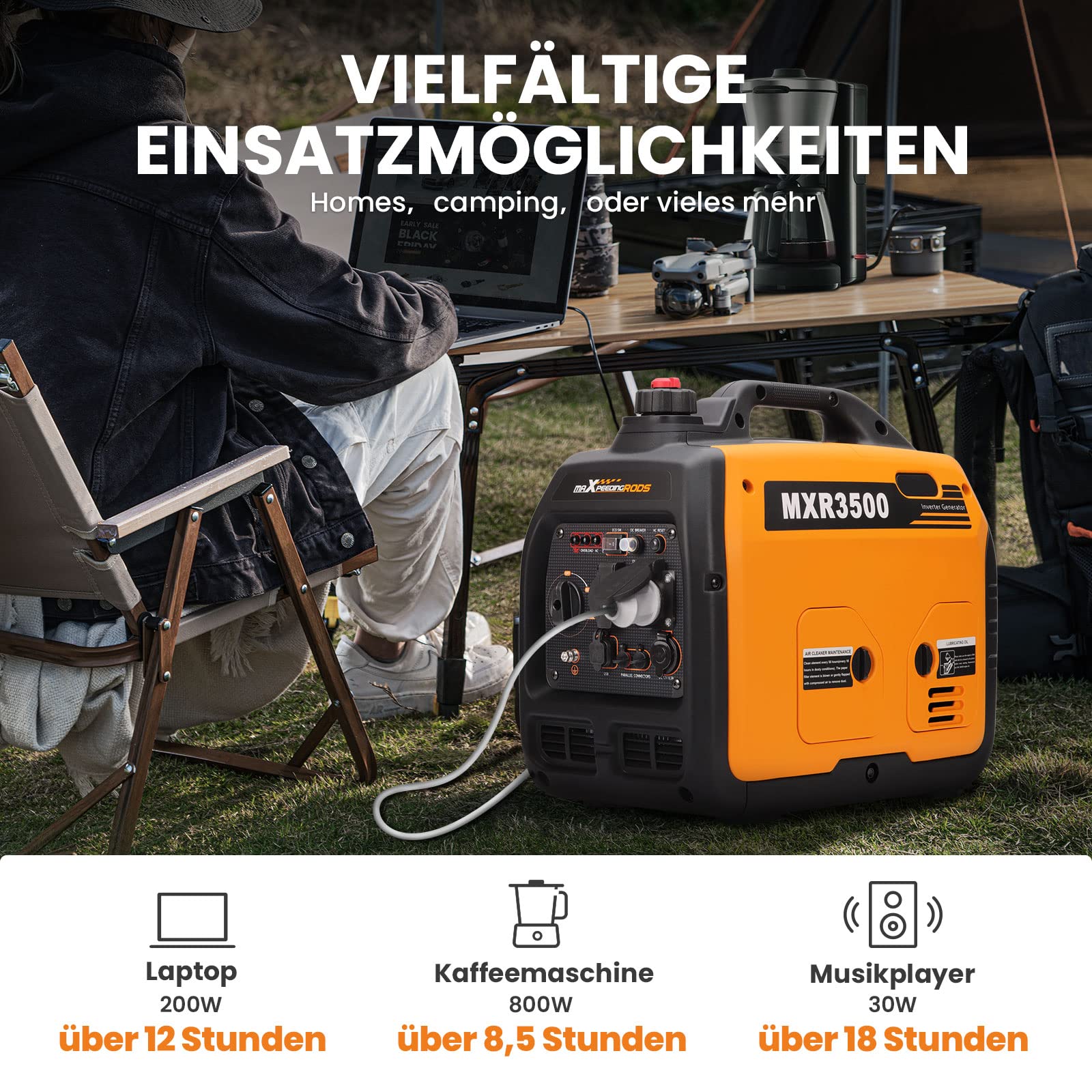 maXpeedingrods Inwerterowy generator prądu 3300 W, benzyna, 4-suwowa | z gniazdami USB i gniazdami 230 V, lekki agregat zasilania awaryjnego na kemping