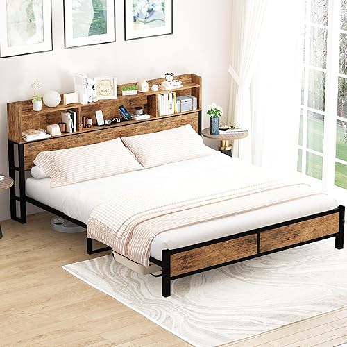 Miniatura 4 de AWQM Base de cama tamaño Queen con cabecera de almacenamiento y estación de carga, marco de cama de plataforma de madera, sólido y estable, sin