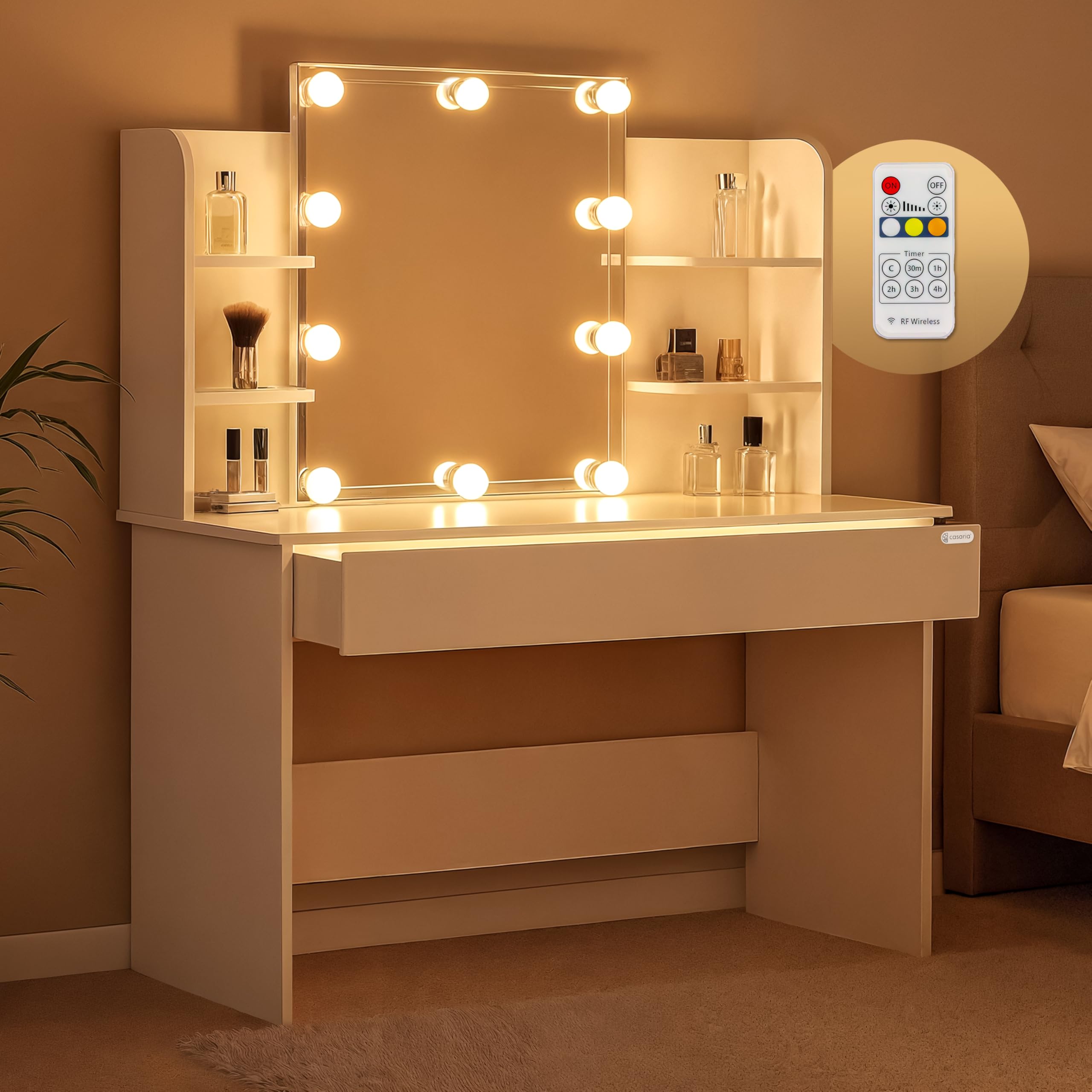 Casaria Schminktisch Lucia 110x40 cm – Weiß mit LED-Beleuchtung, Fernbedienung und beleuchteter Schublade