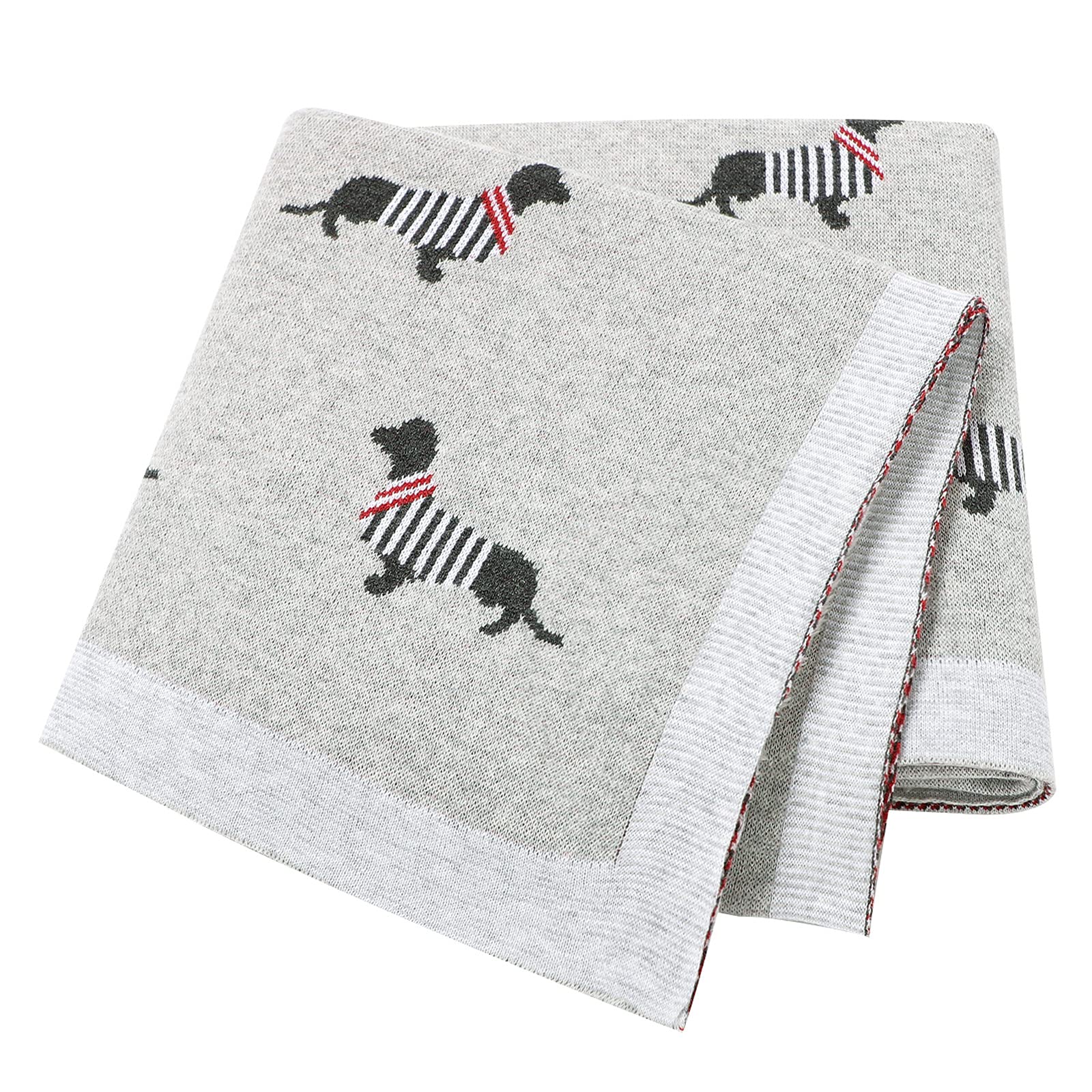 LAWKUL Babydecke 100% Baumwolle Weich Gestrickt Babydecken für Neugeborene Jungen Mädchen Dackel Wursthund 100x80cm Grau