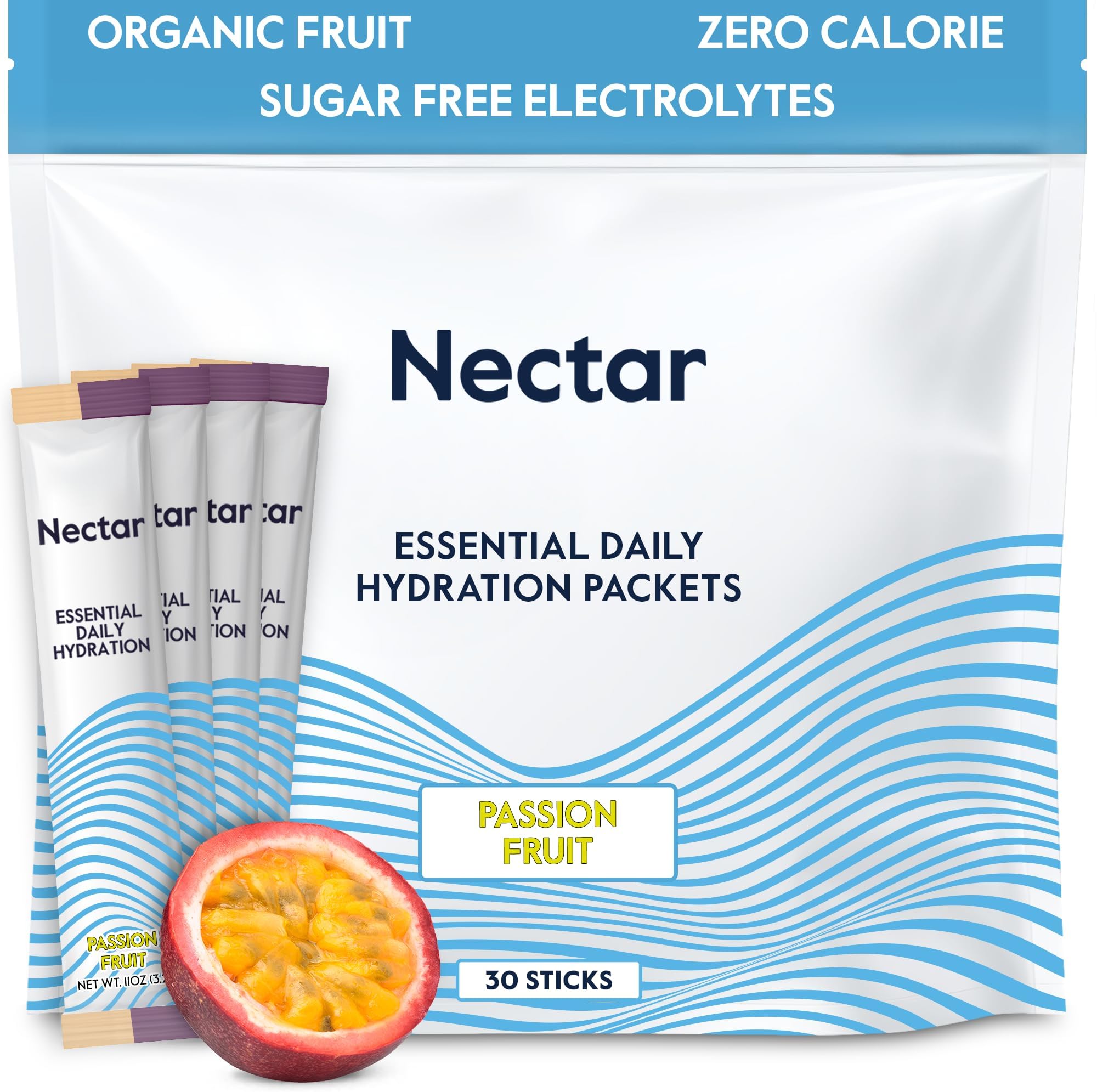 Nectar Hydration Packets - Electrolytes Powder Packets - Sugar Free & 0 Calorie - Organic Fruit Liquid Daily IV Hydrate for Dehydration Relief & Rapid Rehydration (Passion Fruit 30 Pack)