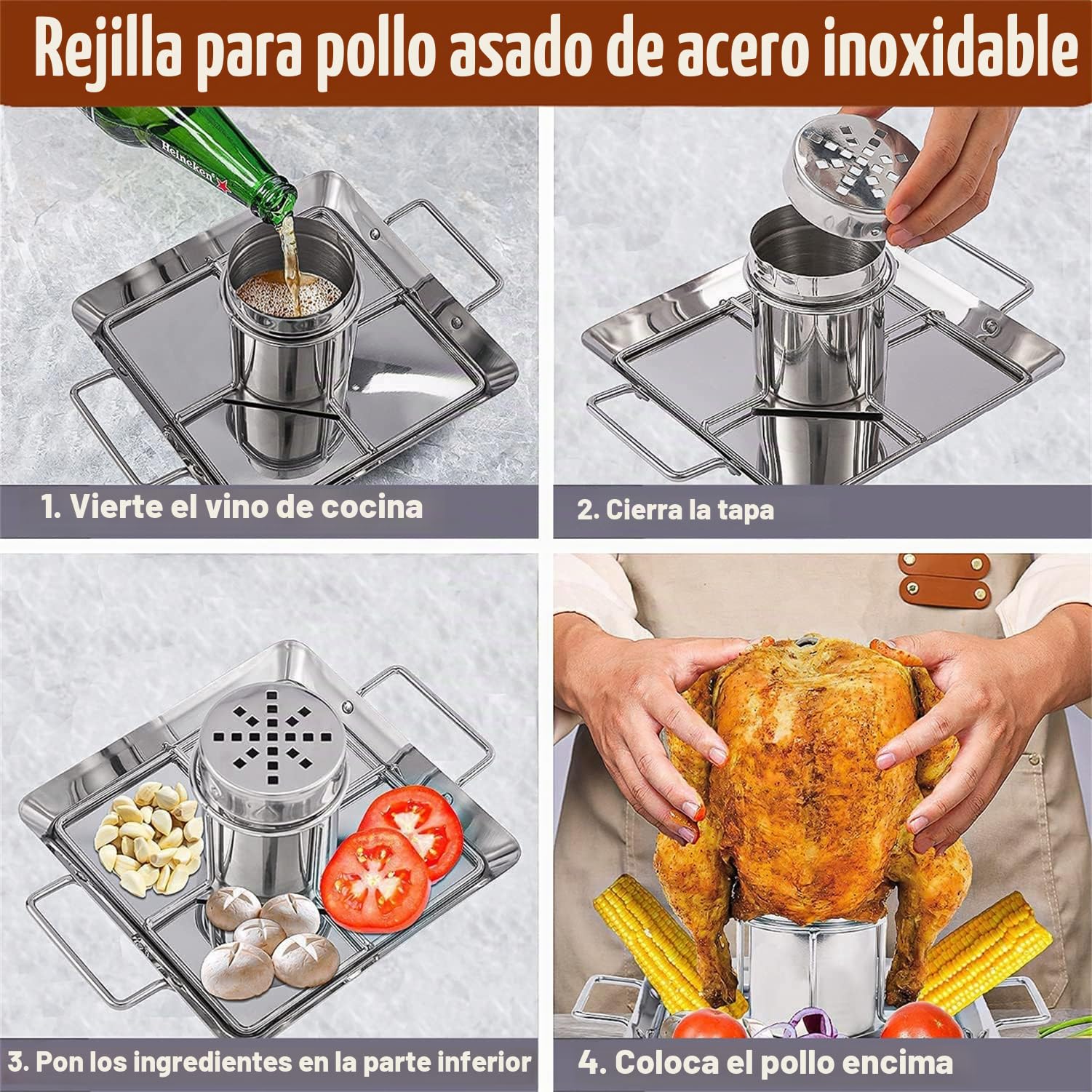Pollo Barbacoa Soporte, Soporte para asador de Pollo de Cerveza, Soporte para Pollo de Acero Inoxidable con Bandeja de Goteo, para Acampar al Aire Libre con Barbacoa