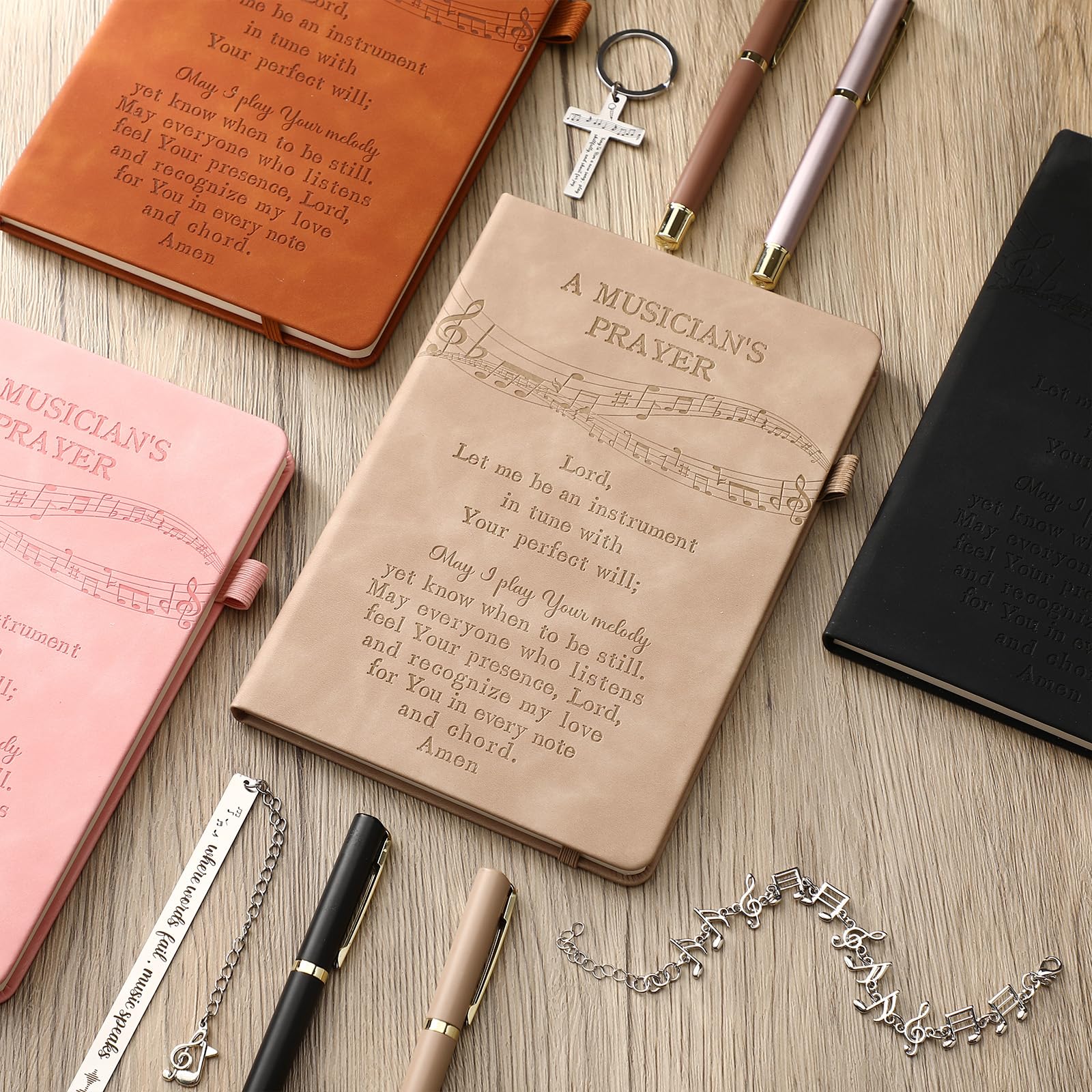Tisancy 5 Pcs Music Lover Gifts for Women Men Music Teacher Appreciation Gifts Christian Musician Prayer Leather Journal Notebook for Musician Choir Singer Teacher Birthday(Khaki)
