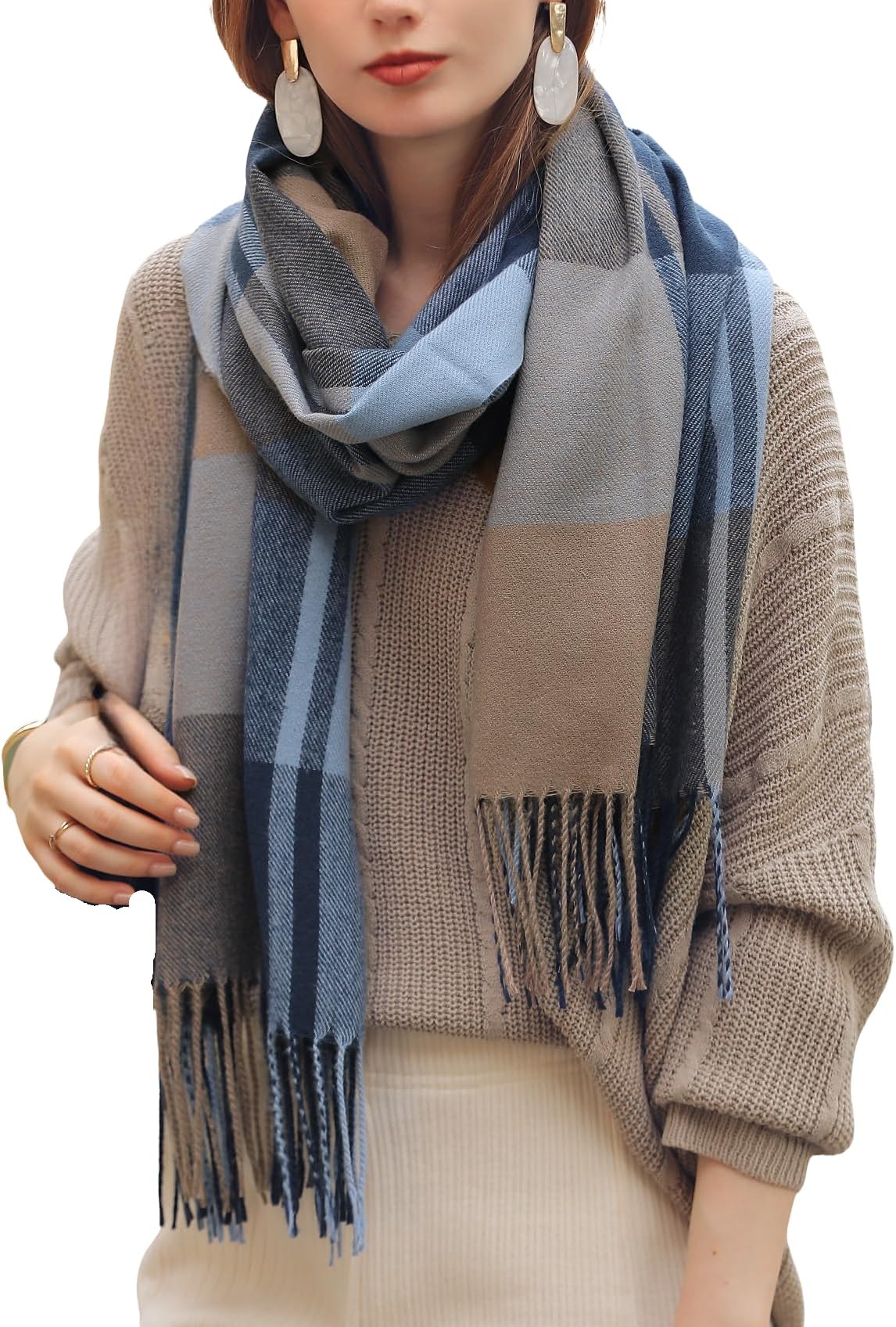 Women's Fashion Scarves Long Cashmere Like Shawl Winter Warm Knit Large Tassel Plaid Scarf