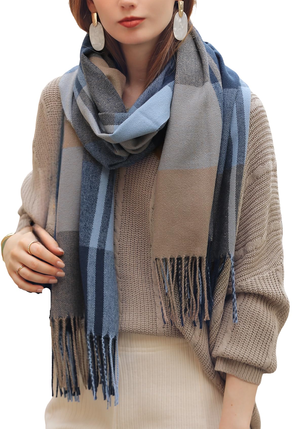 Wander AgioWomen's Fashion Scarves Long Cashmere Like Shawl Winter Warm Knit Large Tassel Plaid Scarf