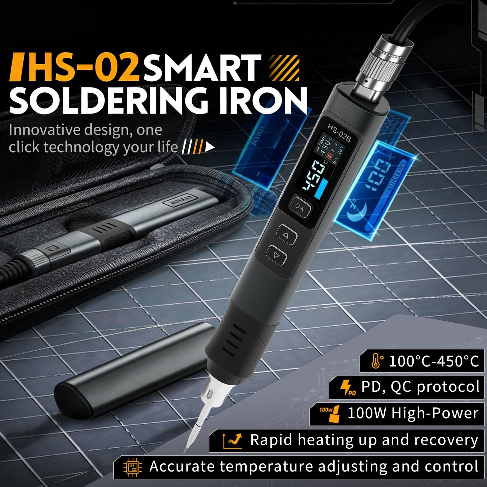 HS-02B Soldador Estaño 100W con LCD, Kit de Soldador de Estaño Profesional DC9-24V Soldering Iron interfaz Type-C, 2S Calentamiento Rápido, 180-842℉ Ajustable, Reposo Automático, 1 Punta de Soldadura