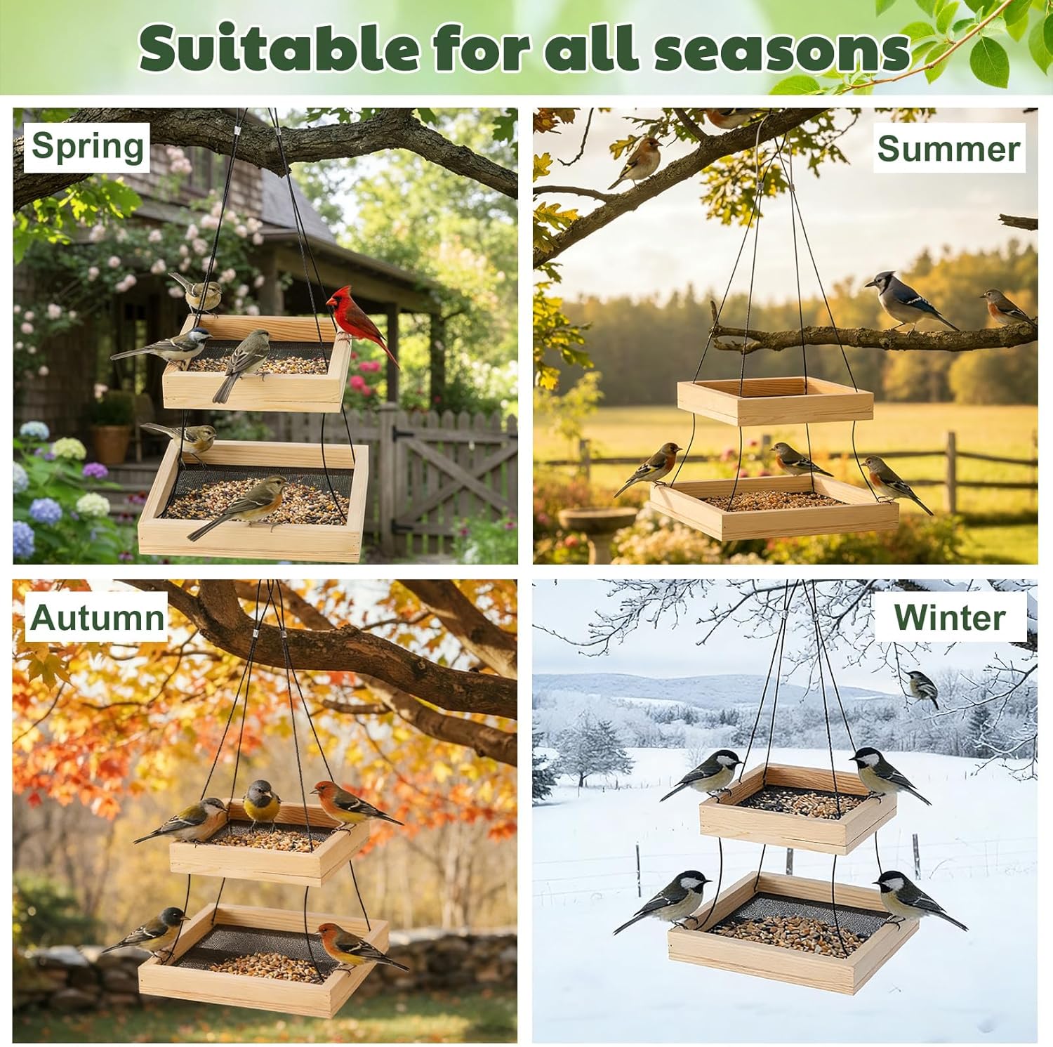 2 Pack Bird Feeder Platform 2 Tier Large Bird Feeder for Outdoors 10 Lbs Capacity in Total Natural Wood Hanging Tray for Garden Yard Outside Decoration Attracting for Wild Birds