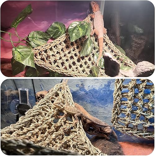 PINVNBY Vines for Reptile Tank,Reptiles Plants for Habitat,Bearded Dragon Hanging Plant Decoration Artificial Leaves Accessories Lizard Natural Seagrass Hammock for Chameleon Geckos Snake