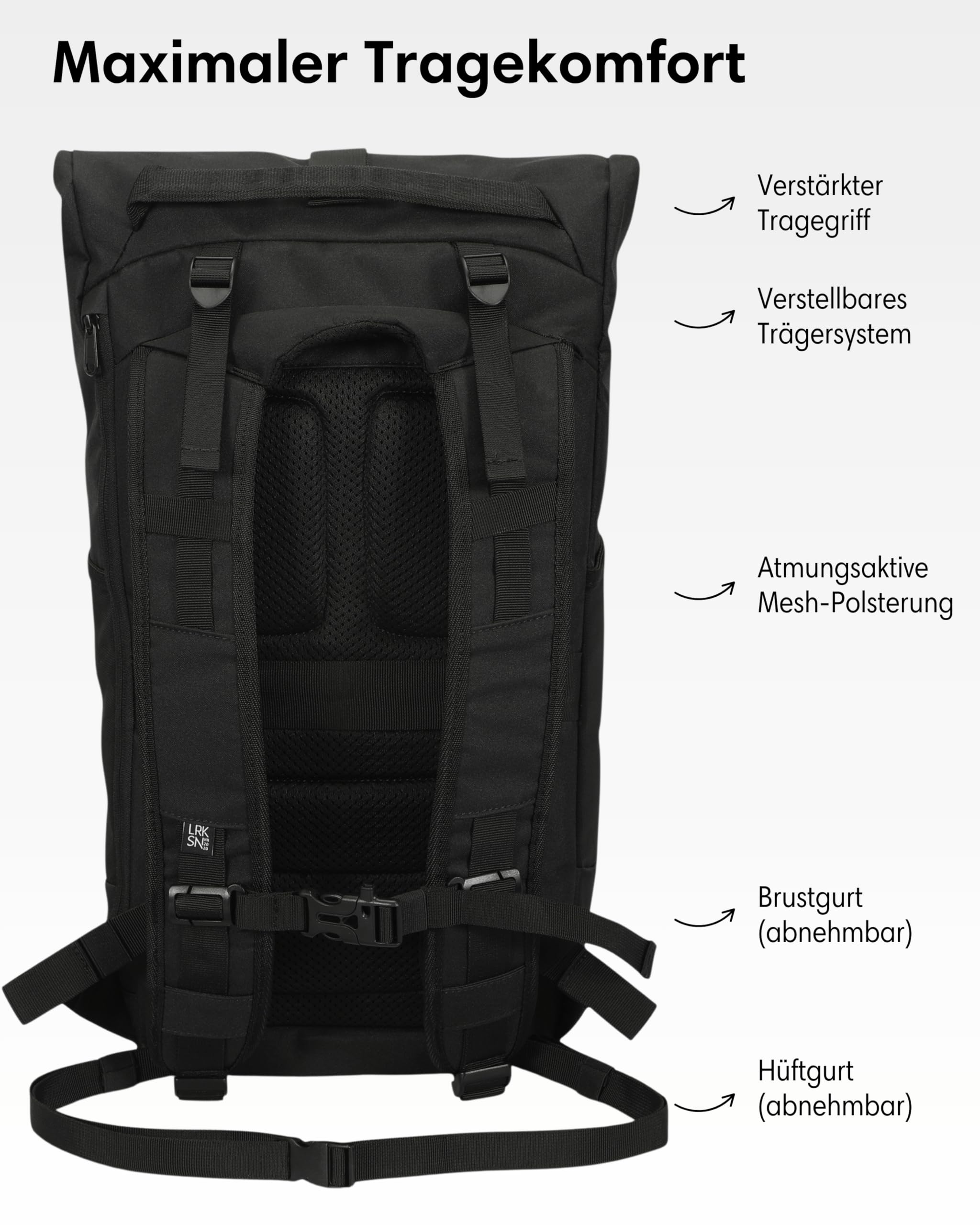 LARKSON Wanderrucksack Damen & Herren Schwarz - Arvid - Trekkingrucksack 20L - Wandern, Trekking, Reisen - Tagesrucksack mit Hüftgurt & Mesh-Polsterung - Wasserdichte Reißverschlüsse