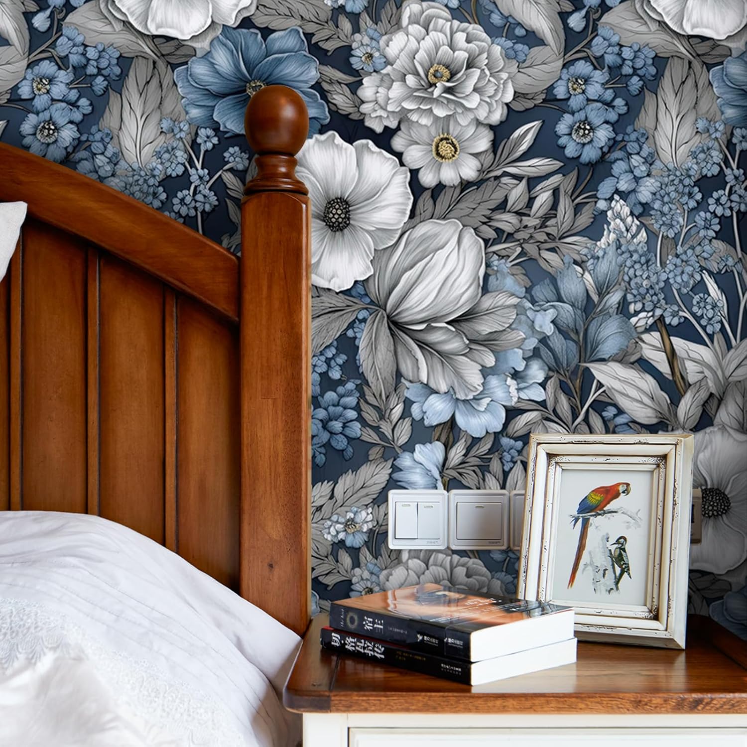 Vivid Blue Floral Wallpaper Self Adhesive Peel and Stick Grey Blooming Watercolor Botanical Peony Flower Leaf Contact Paper Removable Waterproof for Bedroom Renter Friendly 17.71"x236.2"
