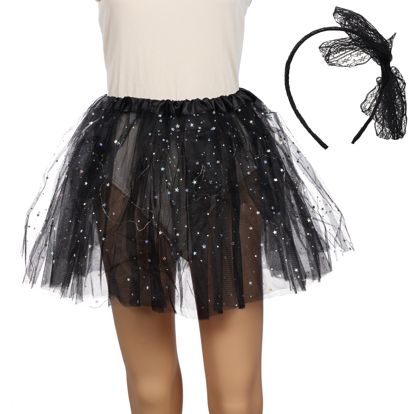 Mayoii Light Up Tulle Tutu Skirts for Women 3-Layer LED Tulle Dance Skirt with Sequin & Headband