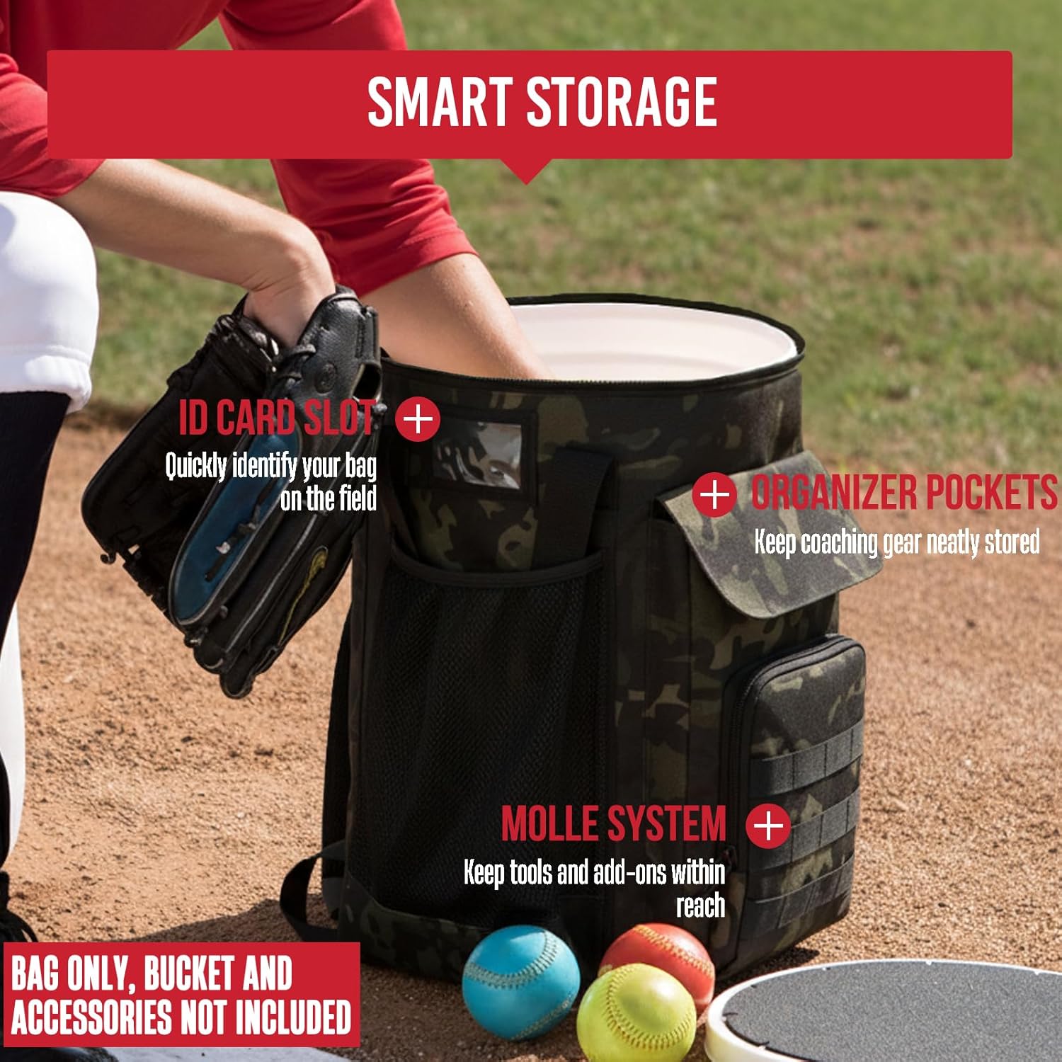 野球バケツバッグ、ソフトボールコーチバッグ 6ガロンのビュケットにフィット 野球コーチングアクセサリー 複数のポケット付き