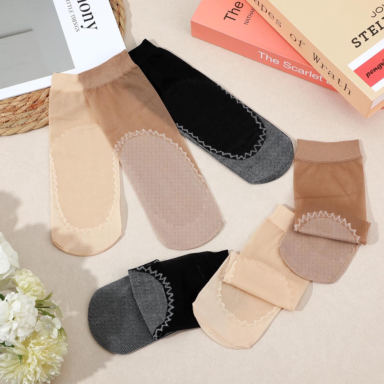 InnoHHustle Sheer Socks, 12 Pairs Nylon Socks for Women Sheer Ankle Sock Women Ankle Stockings Silk Sock w/Reinforced Bottom and Toe (Black, Brown, Skin Color)
