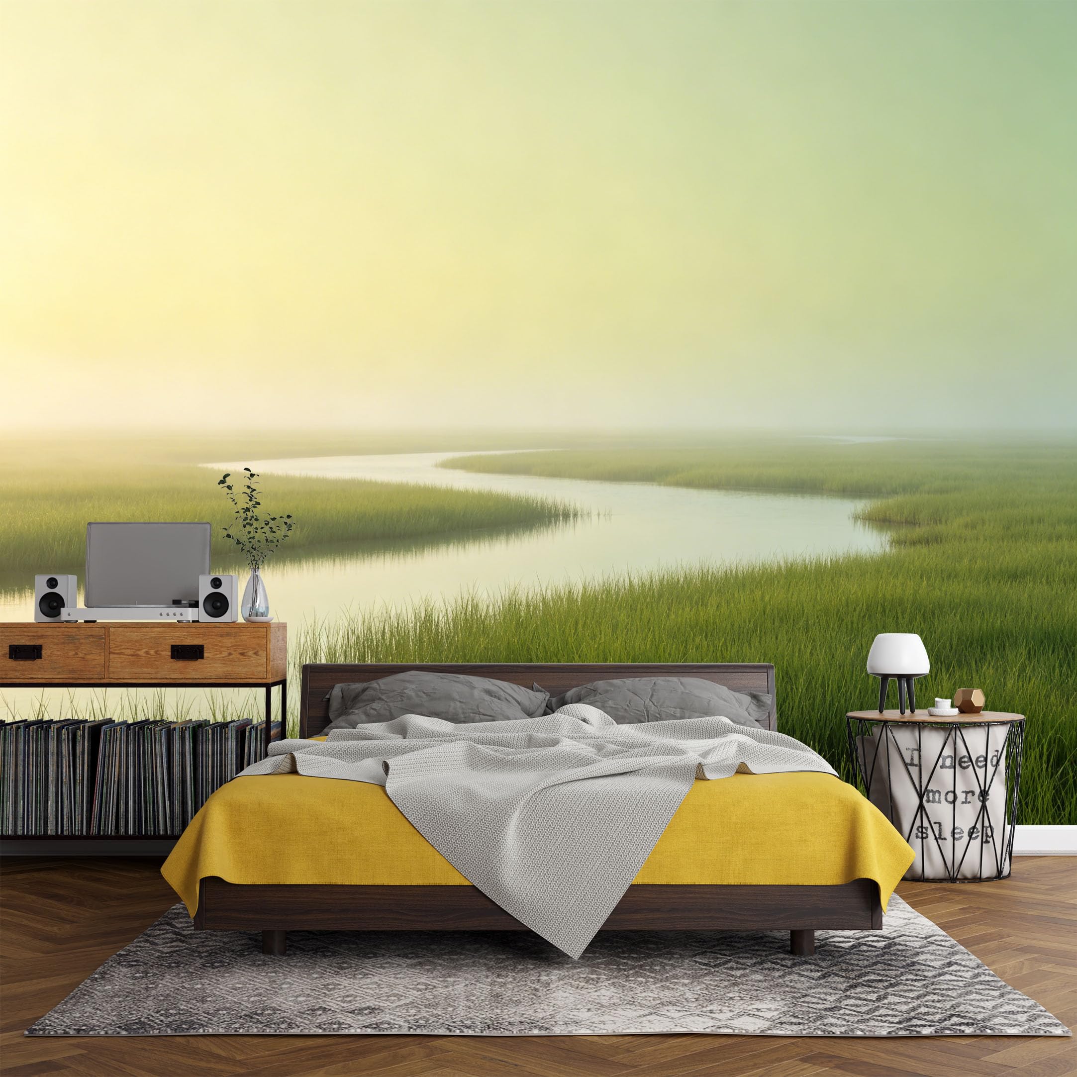 Custom Size Wall Mural， Landscape Foggy River Wetland Sunrise Serenity，SelfAdhesive Art Prints wall Fabric (No PVC) Removable Wallpaper Living Room Decor