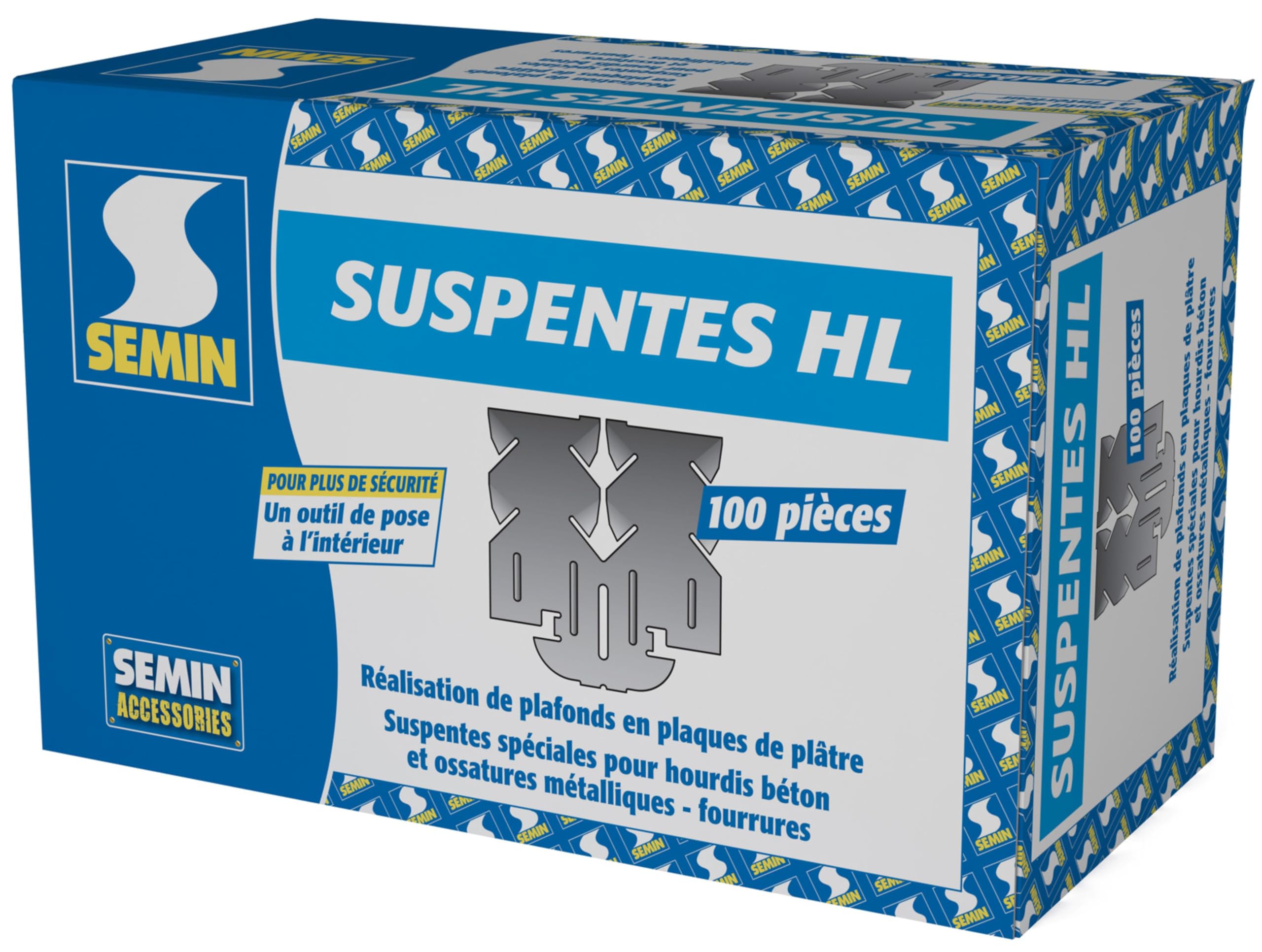 SEMIN Suspente Hourdis Longue, Boîte de 100 – Pour Plafond Suspendu sous Hourdis Béton – Compatible Fourrures F45/F47 – Pose Rapide – Acier Noir Phosphaté