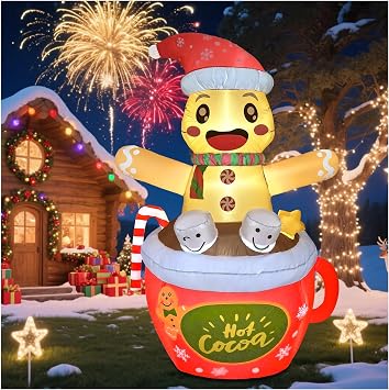 6.2 FT Christmas Gingerbread Inflatables Outdoor Decorations, Blow Up Gingerbread Man in Hot Cocoa Mug Candy Cane Yard Decor with Build-in LEDs for Indoor Outdoor Garden Party Lawn Xmas Decor