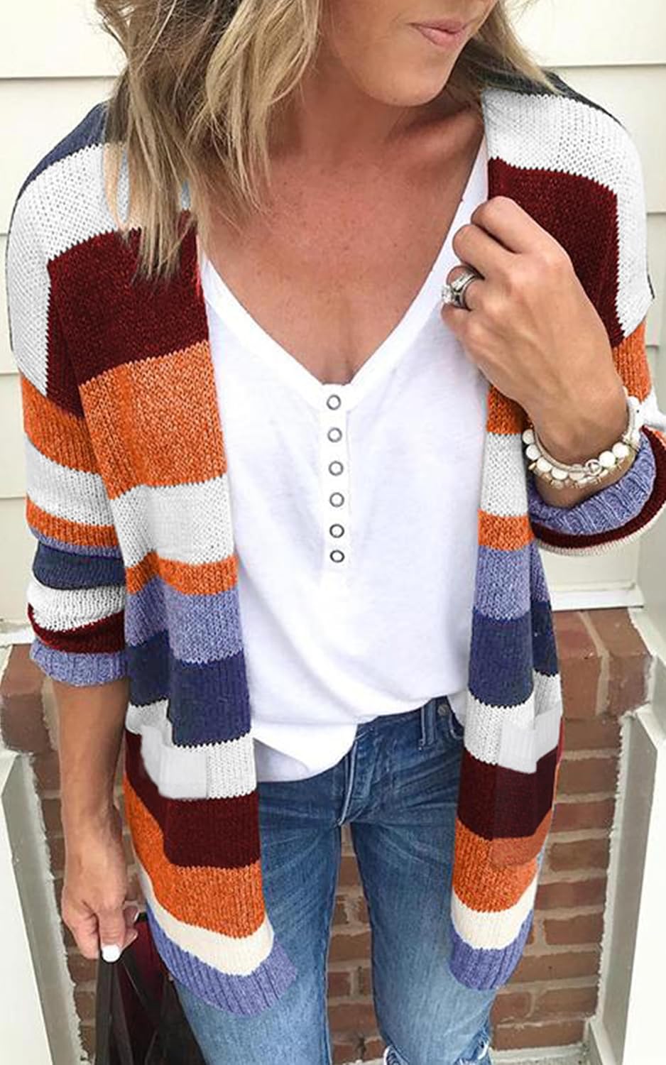 ECOWISH Women Cardigan Sweaters Long Floral Striped Winter Fall Long Sleeve Open Front Cozy Knitted Daisy Fuzzy Coats Outwear - Image 8