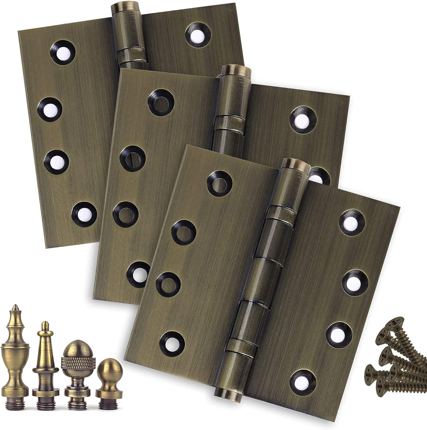 3 Pack - 4.5 x 4.5 Solid Brass Ball Bearing Hinges - Antique Brass (US5) with Steeple Tips