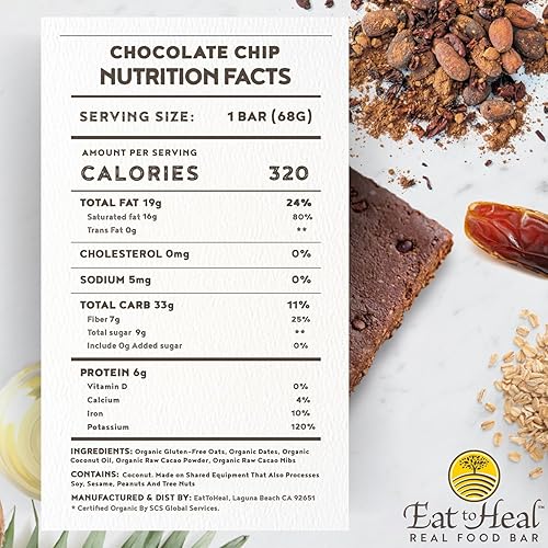 Miniatura 2 de EatToHeal Barra de alimentos reales con chispas de chocolate, orgánicas, veganas, saludables y sin gluten, barra de reemplazo de comidas bajas en