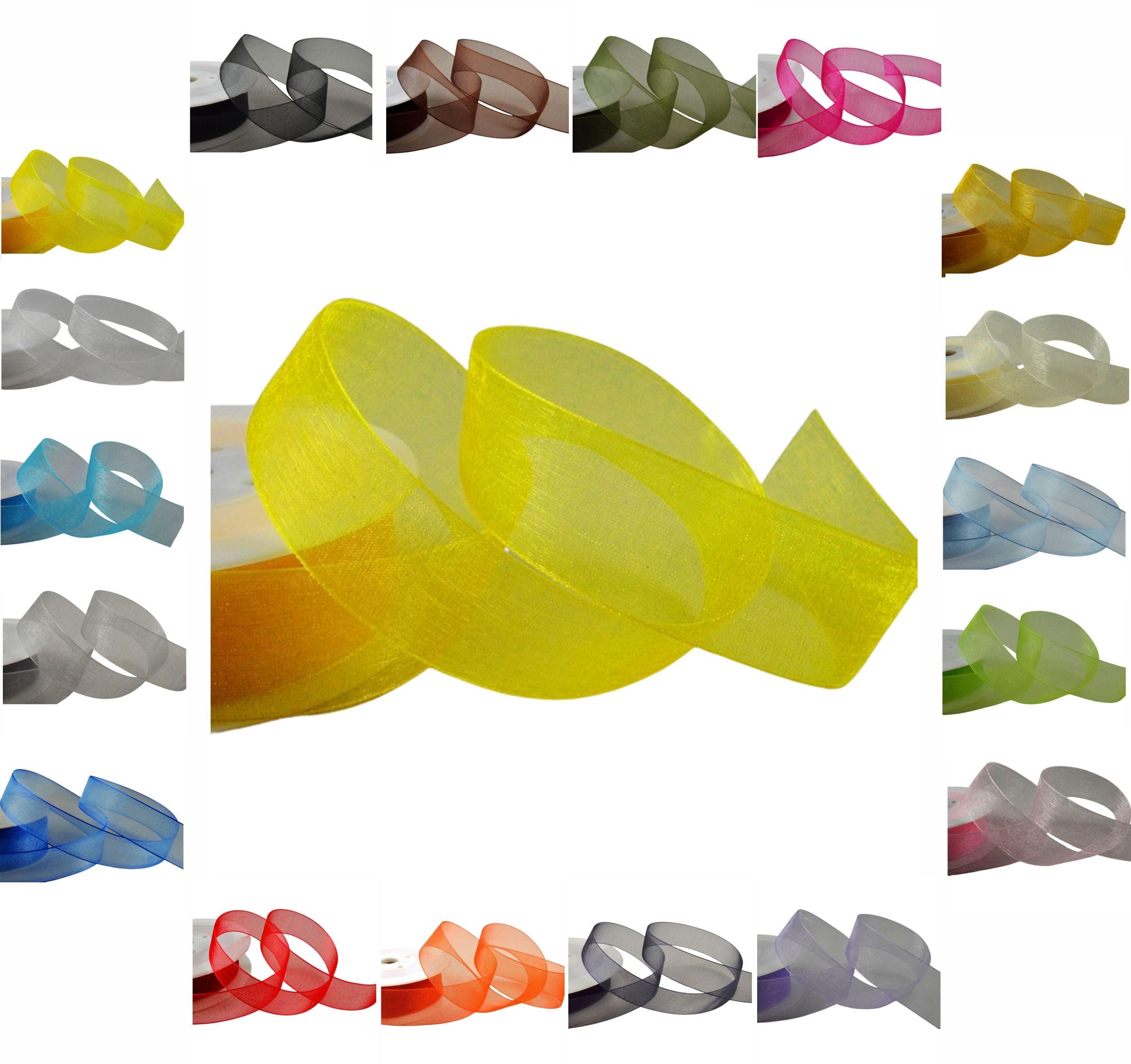 50m / 25m Roll Luxury Organza Woven Edge Ribbon Reel Rolls 3mm, 9mm, 15mm, 25mm, 40mm (Yellow, 25mm x 25 Metres)