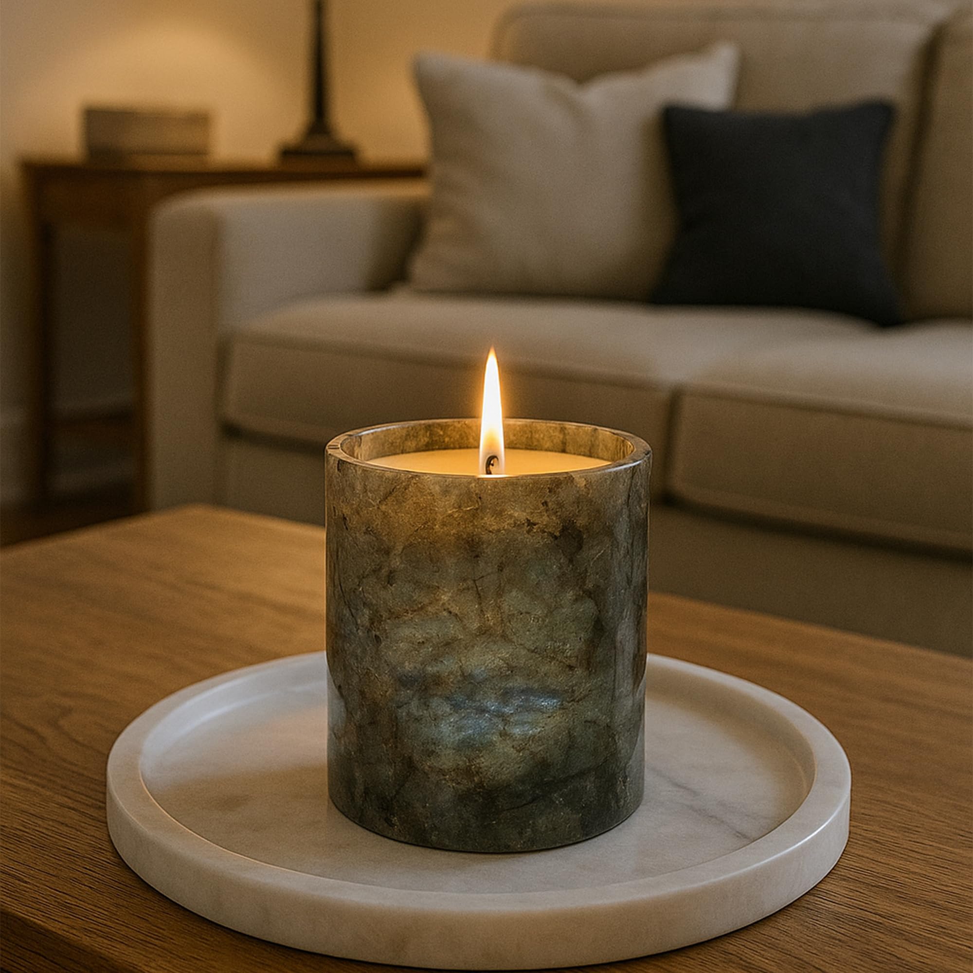 Luxuriöser Marmor-Duftkerzenhalter: Wacholderbeere, Halbedelstein, Aromatherapie-Kerze, rauchfreies Pflanzenwachs, 40-Stunden-Brenndauer, handgefertigte Heimdekoration, Sri Lanka blaue Jade