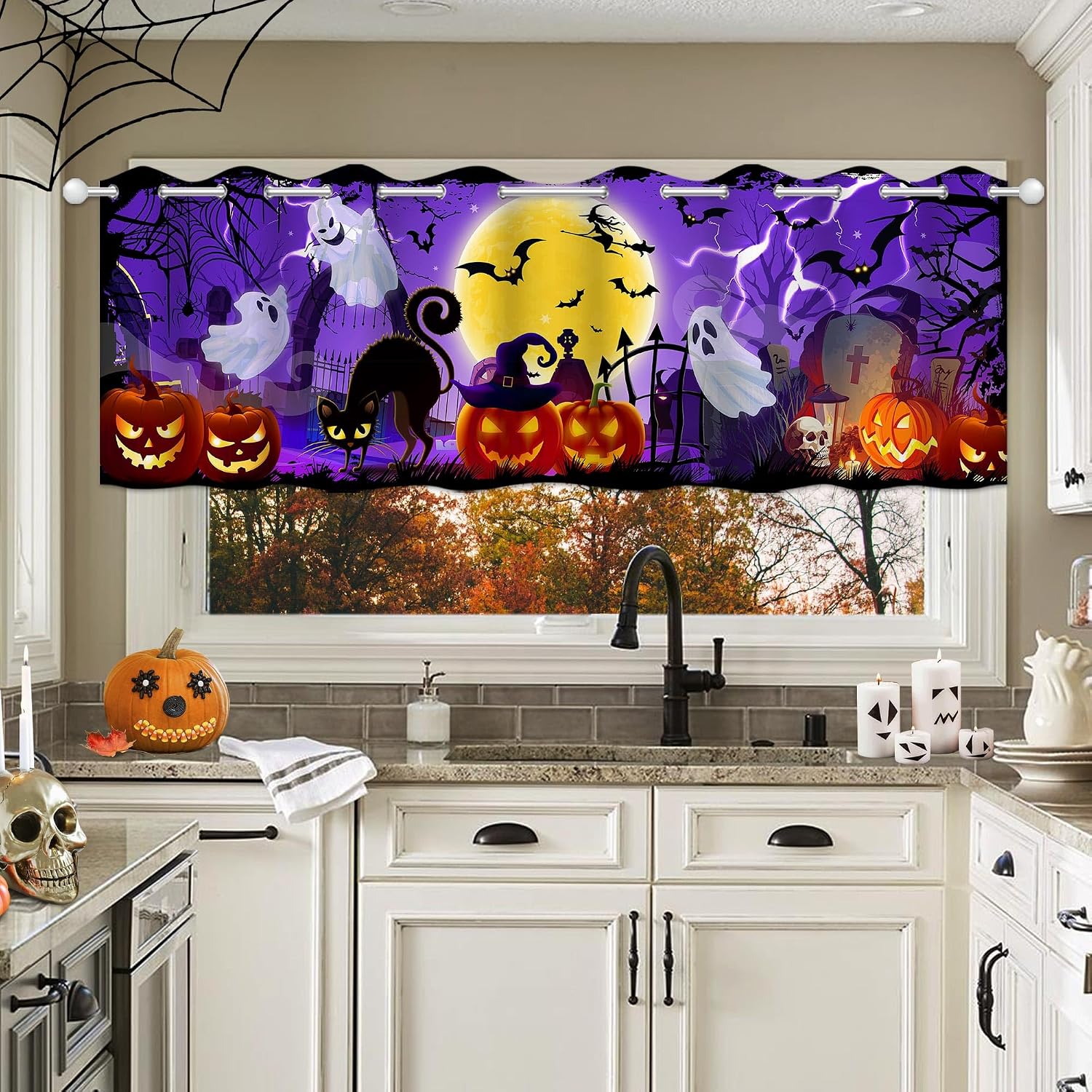 Halloween Kitchen Curtains, Spooky Ghost Castle Curtain Sets for Windows, Scary Jack-O-Lantern Window Curtains Over Sink and Valances Set of 3, Holiday Purple Decorations for Home, 54”x24”