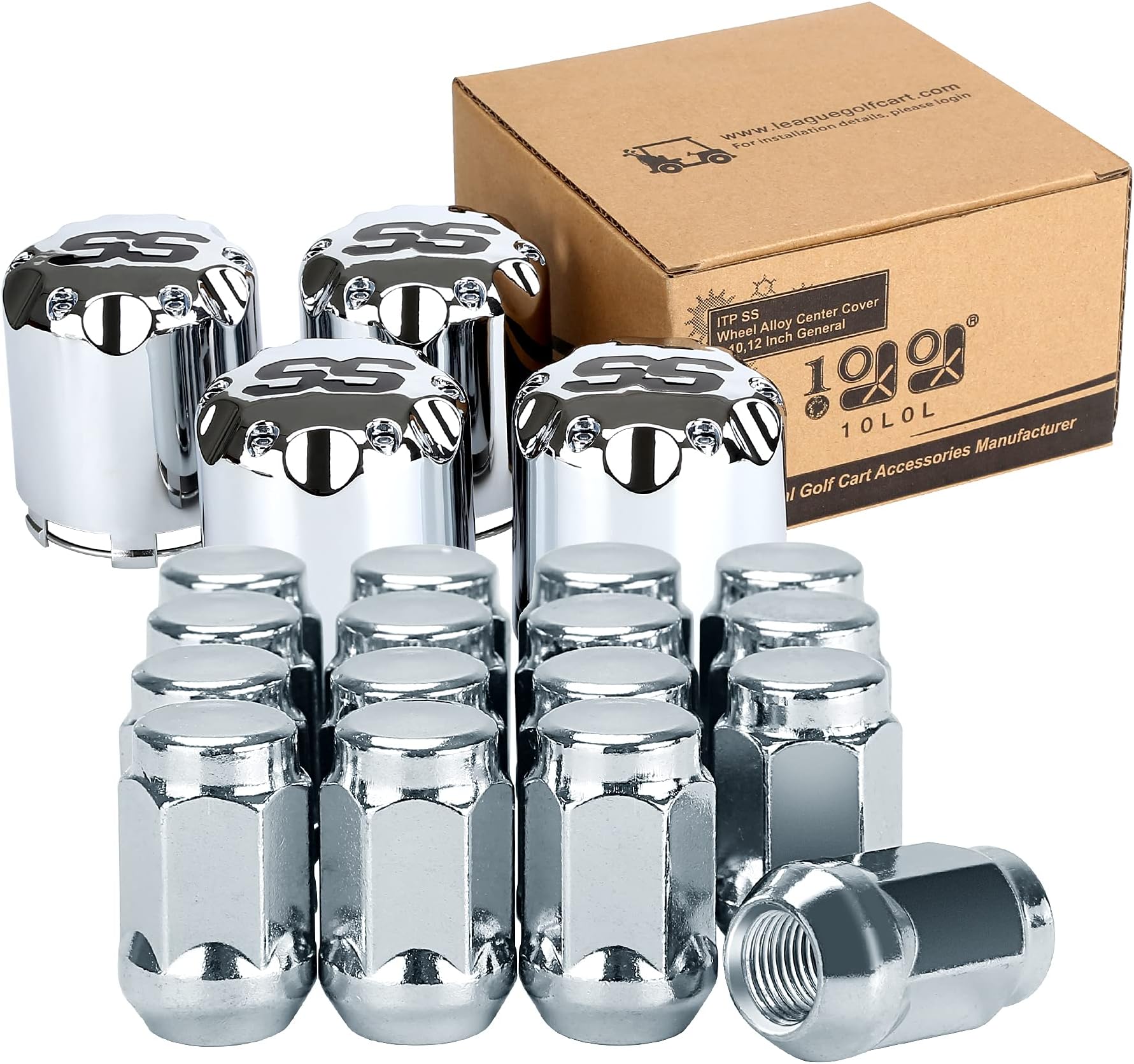 10L0L Chrome Golf Cart Center Caps and Wheel Lug Nuts Kit, 4 PCS ITP SS Wheel Hub Cap and 16 PCS Wheel Lug Nut for EZGO, Club Car