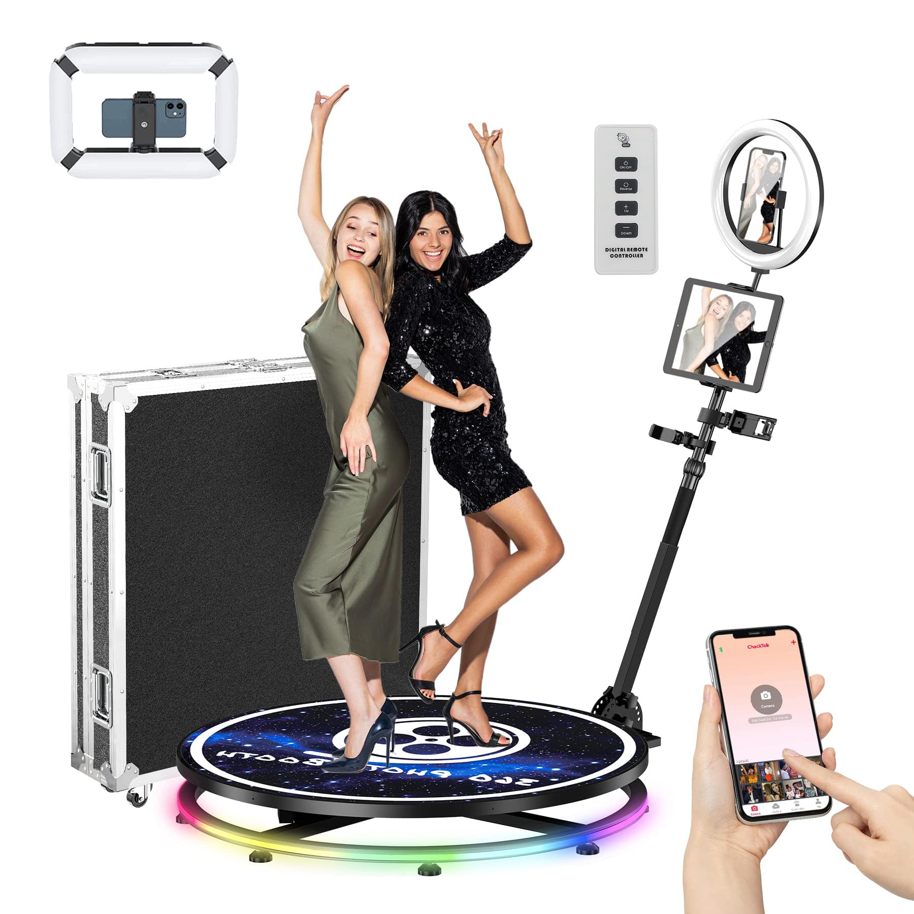 YCKJNB 360 Photo Booth 26.8" Machine with Flight Case,2 People Stand,Free Custom Logo with Extra Replacement Accessories,Software APP Control,