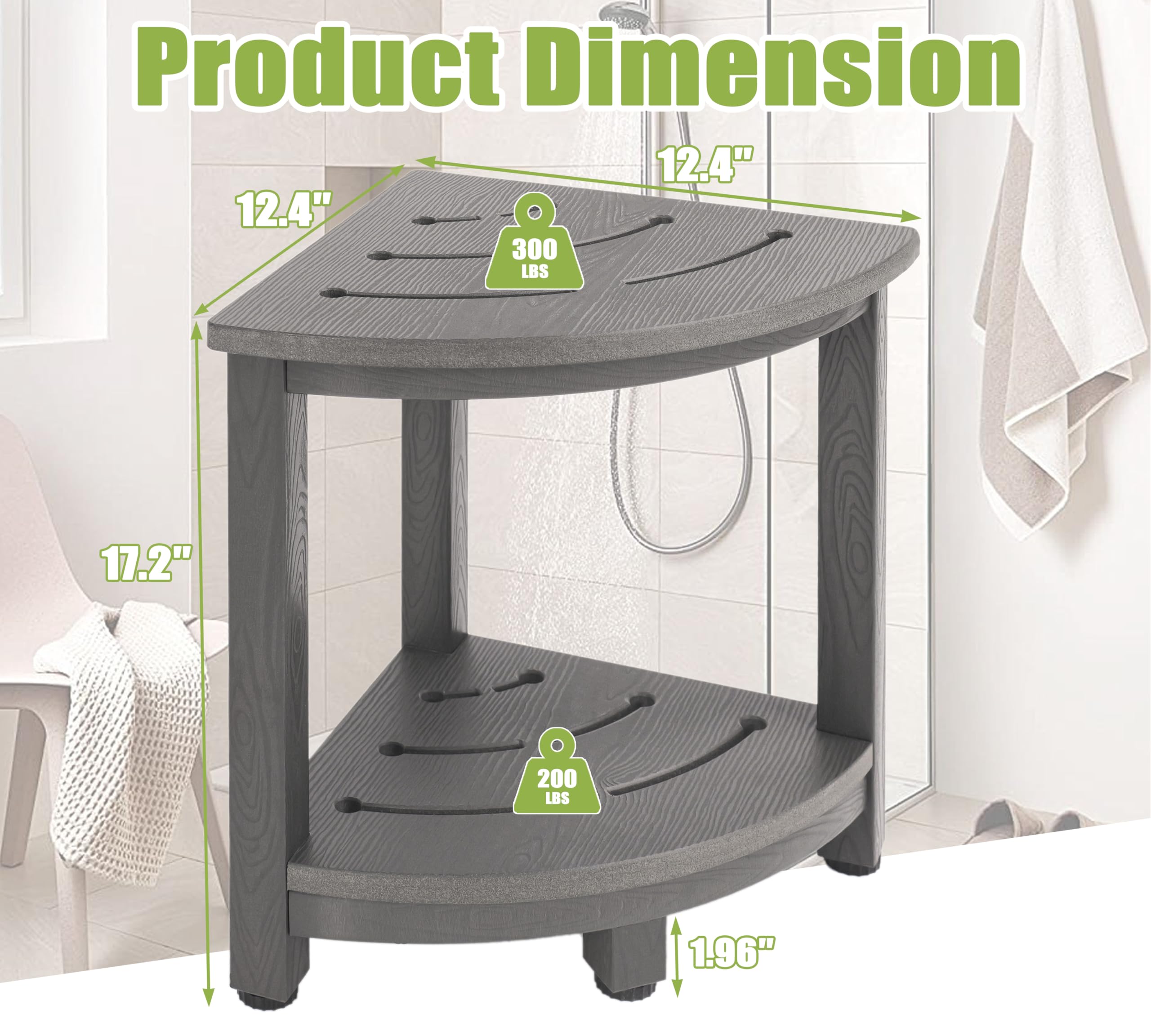 Y&M Taburete de ducha de esquina para ducha interior, banco de ducha impermeable para afeitarse las piernas, banco de baño de 2 niveles con estante de almacenamiento para baño, sala de estar, uso en