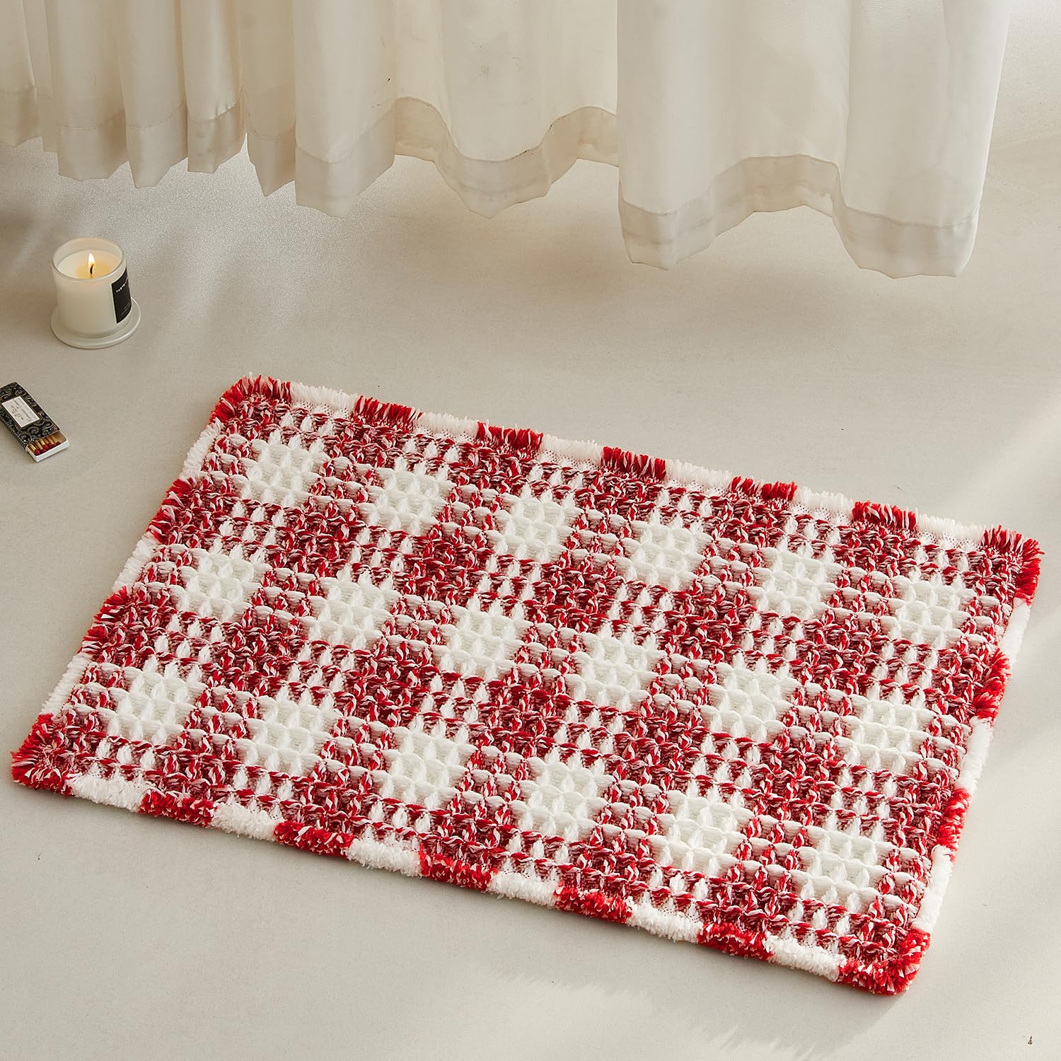 TYUU Small Christmas Bathroom Rug, Cute Waffle Bath Mat, 24x16 Red &amp; White