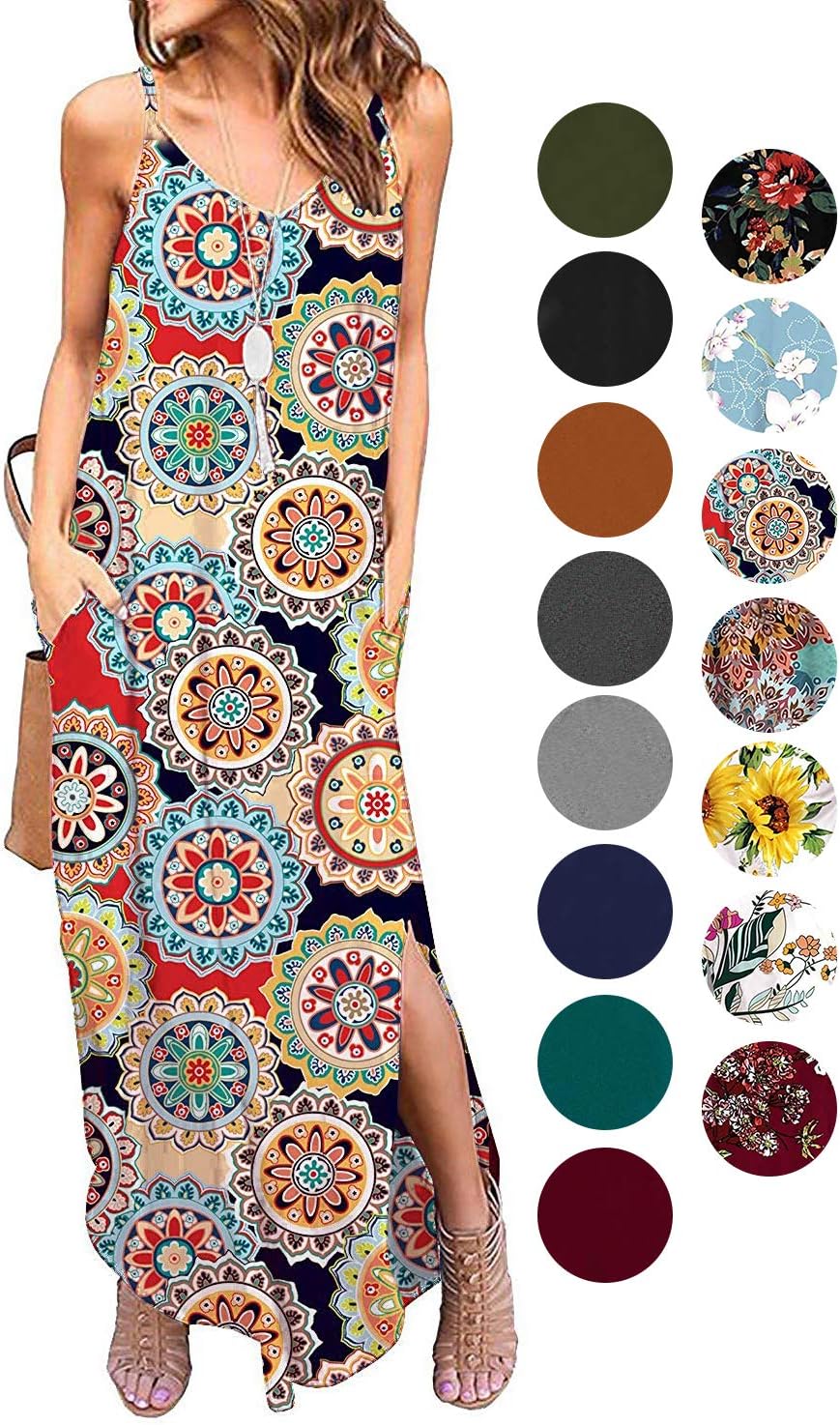 Donnalla Womens Summer Casual Loose V-Neck Dress Sleeveless Long Nightgown Spaghetti Strap Split Maxi Dresses(Geometric Small)