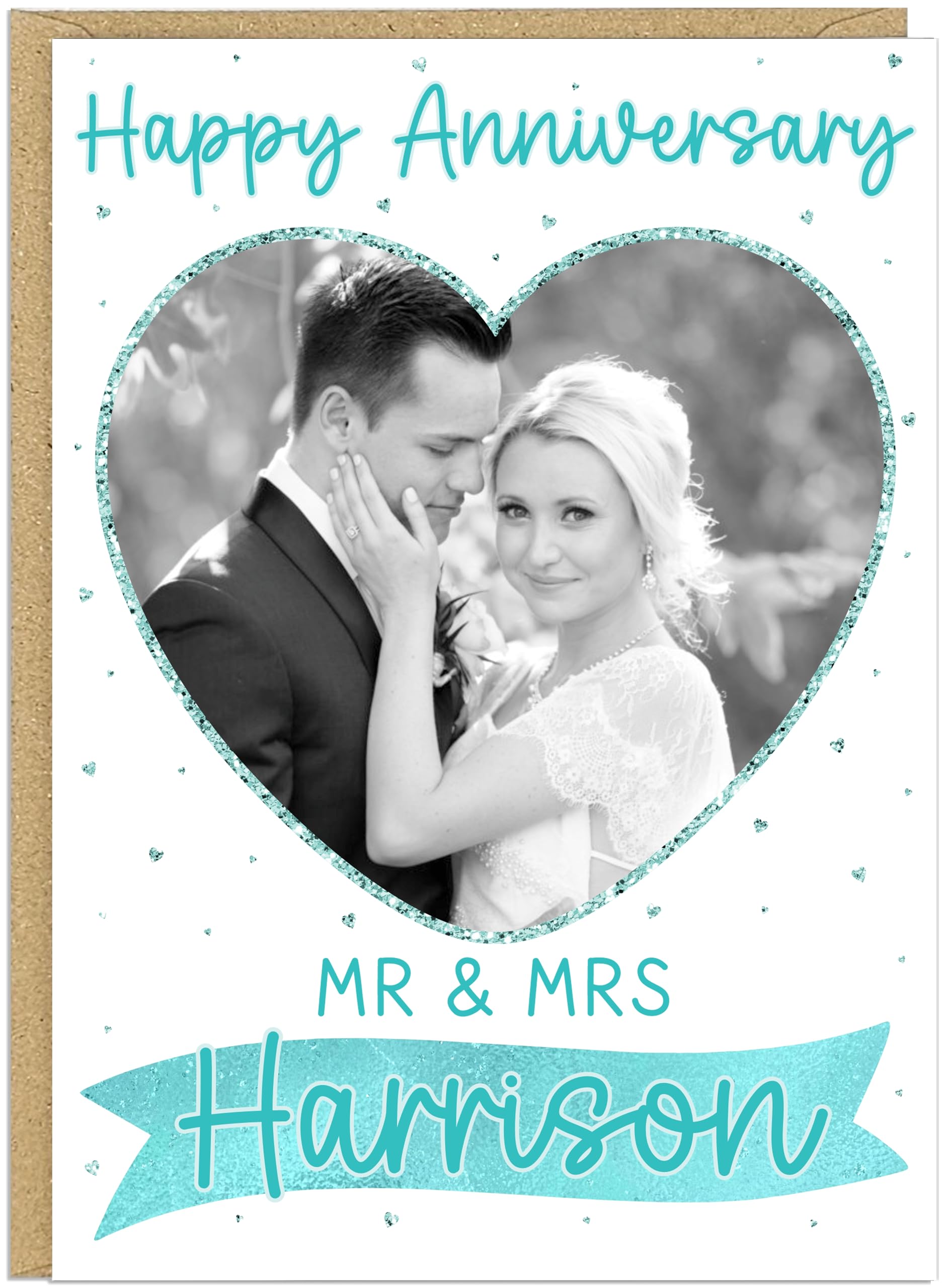 Happy Wedding Anniversary Personalised Cards Custom Mr & Mrs Surname Upload Own Photo Heart Frame Happy Anniversary Keepsake for Couples Husband Wife A5 (Aqua)